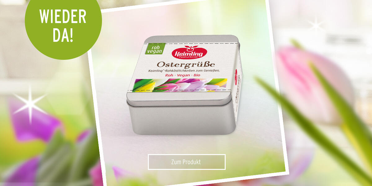Keimling Naturkost Ostergrüße in rechteckiger Dose mit Tulpenbild und Aufschrift roh vegan sowie Keimling Rohköstlichkeiten zum Genießen. Roh · Vegan · Bio.