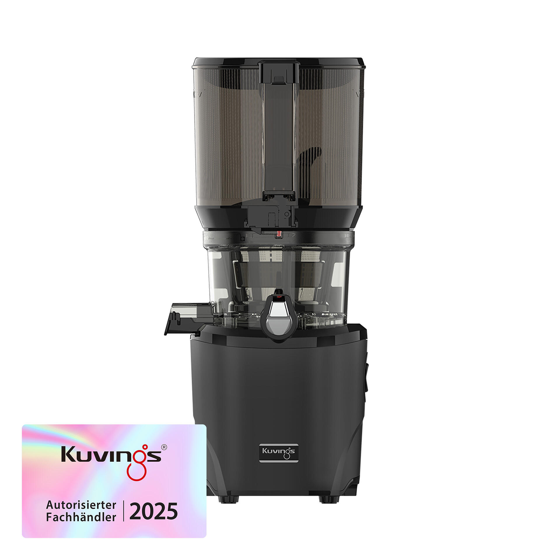 Schwarzer Kuvings AUTO10S Slow Juicer mit integriertem Selbstzufuhr-Behälter und transparentem Auffangbehälter. Holografischer Aufkleber mit Text: Kuvings Autorisierter Fachhändler 2025.