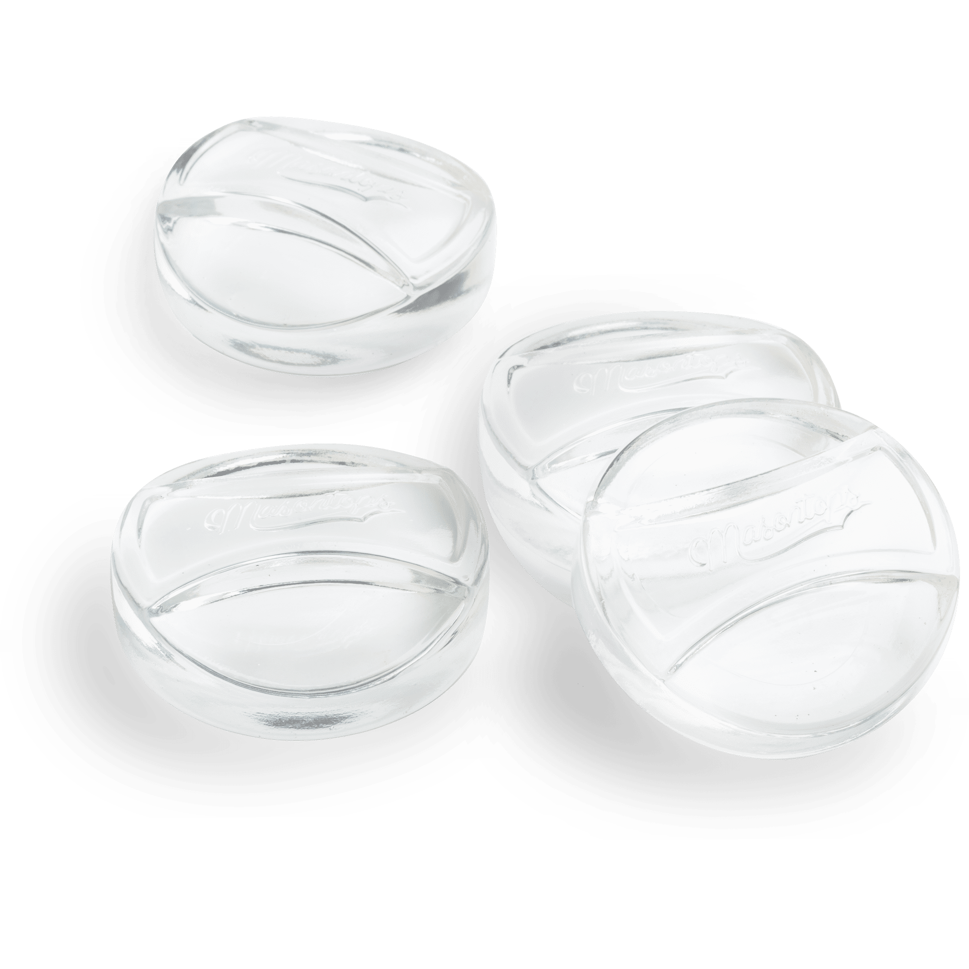 Masontops Fermentier-Glasgewichte für normale Gläseröffnungen Vier transparente Masontops Fermentier-Glasgewichte liegen nebeneinander. Jedes Gewicht ist oval und hat eine breite Einkerbung in der Mitte mit der Gravur Masontops.