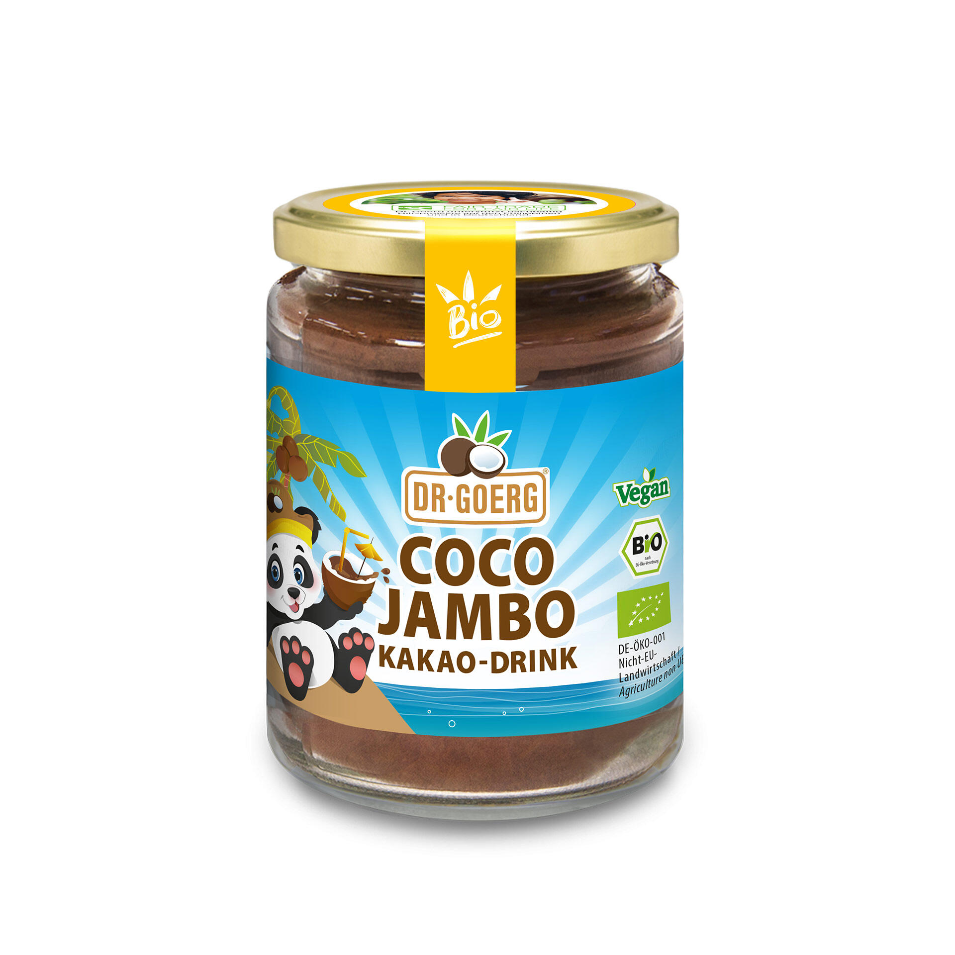 Ein Glas Dr. Goerg Coco Jambo Kakao-Drink mit gelbem Deckel und blauem Etikett. Auf dem Etikett ist ein Panda, das Bio-Siegel und der Hinweis Vegan zu sehen.