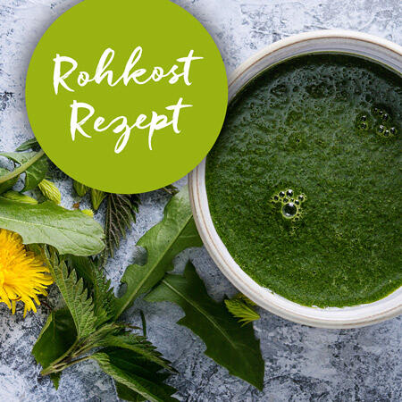 Grüner Smoothie in einer weißen Schüssel auf grauem Untergrund. Daneben liegen frische grüne Blätter und eine gelbe Blüte. Ein grüner Kreis mit weißer Schrift Rohkost Rezept ist im Bild.