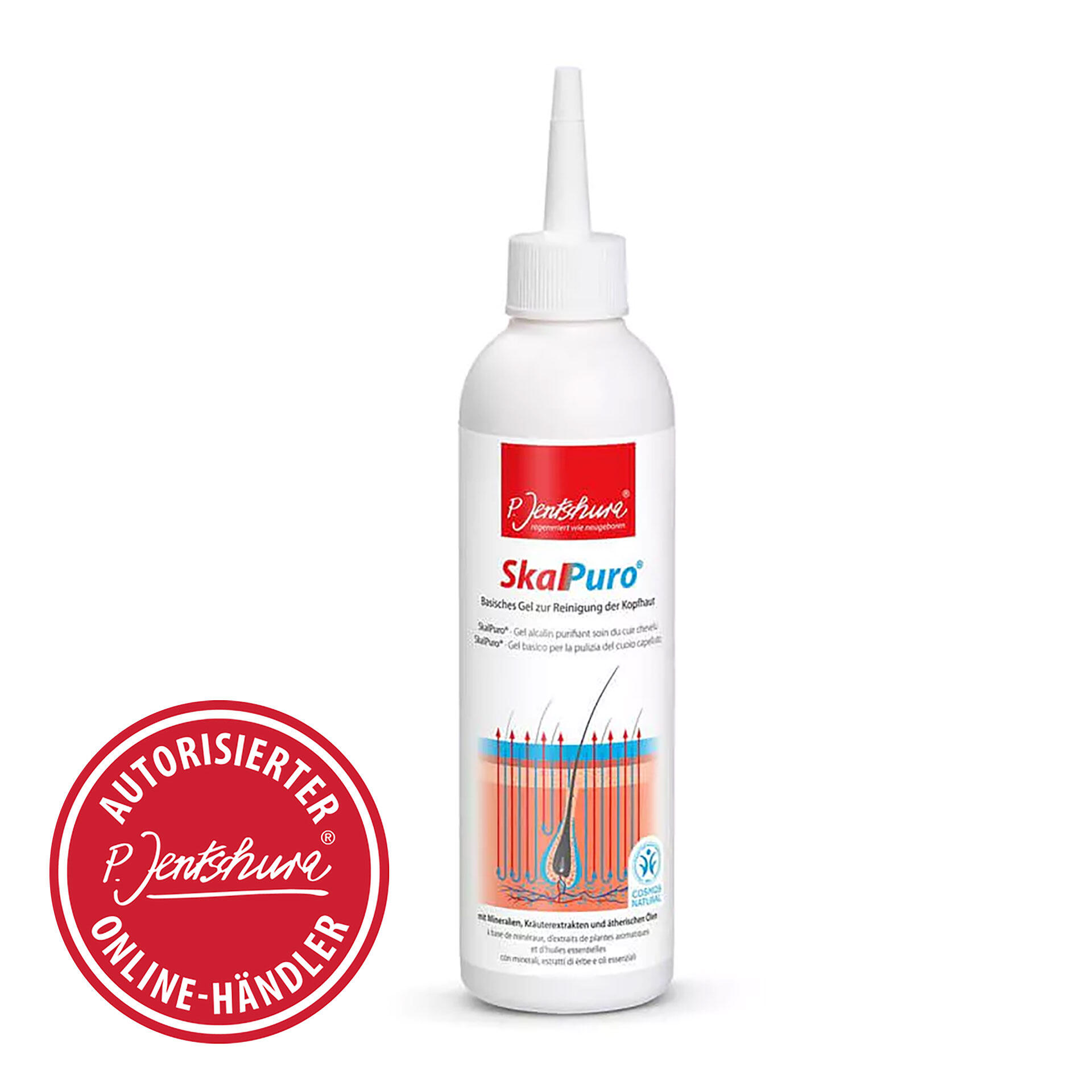 P. Jentschura SkalPuro, 250 ml Flasche mit SkalPuro Basisches Gel zur Reinigung der Kopfhaut von P. Jentschura mit aufgedrucktem Haarfollikel-Diagramm und Mineralien sowie Pflanzenextrakte als Inhaltsstoffe.