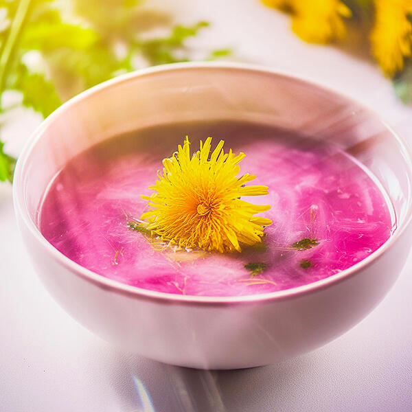 Rohkost Let it glow Suppe Weiße Schale mit pinkfarbener Suppe, in der eine gelbe Löwenzahnblüte schwimmt und grüne Kräuter zu sehen sind.