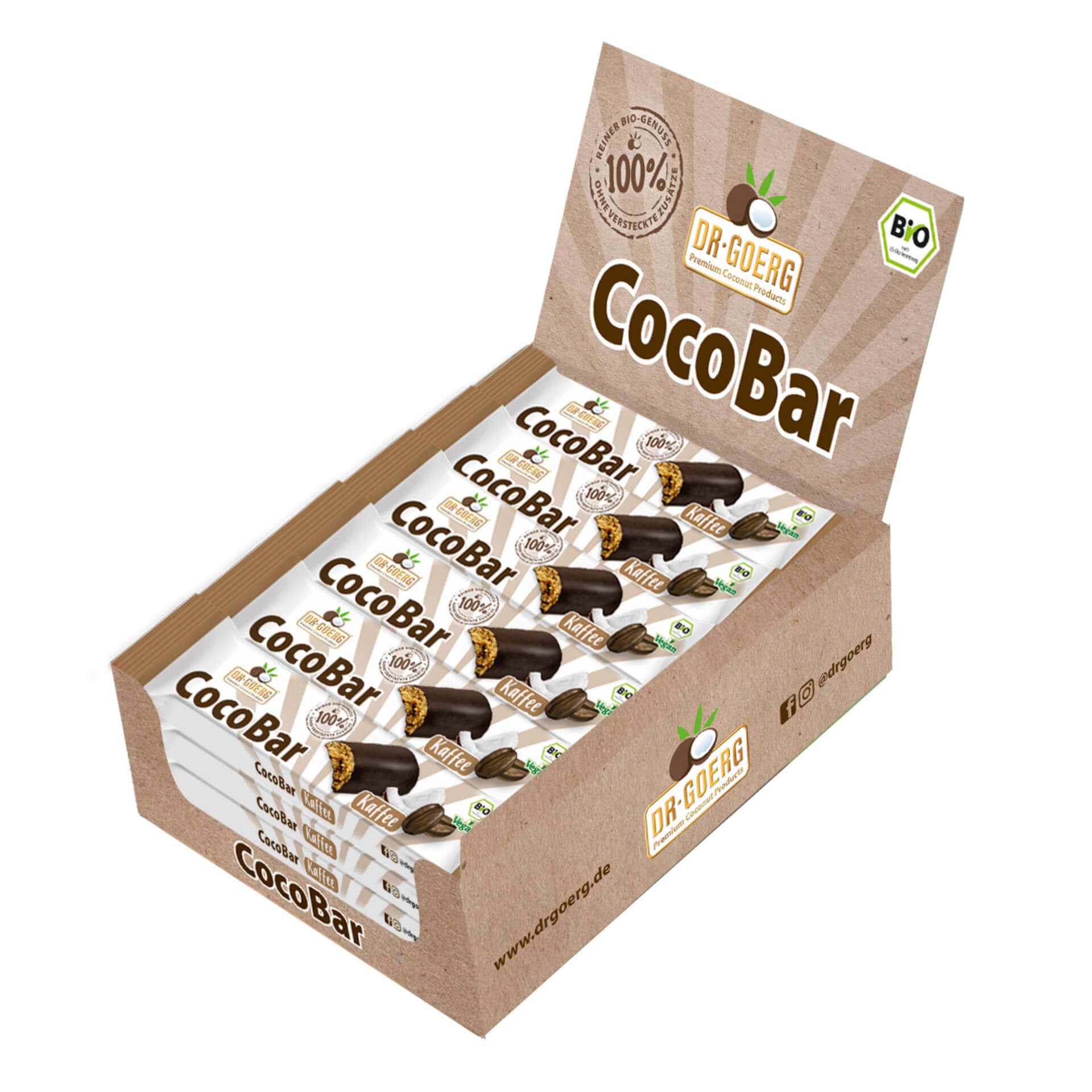 Dr. Goerg CocoBar Kaffee, 24x40 g Verpackung mit mehreren Riegeln Dr. Goerg CocoBar Kaffee. Auf der Verpackung steht 100% Reiner Bio-Genuss Ohne versteckte Zusatzstoffe. Bio- und Vegan-Label sind zu sehen.