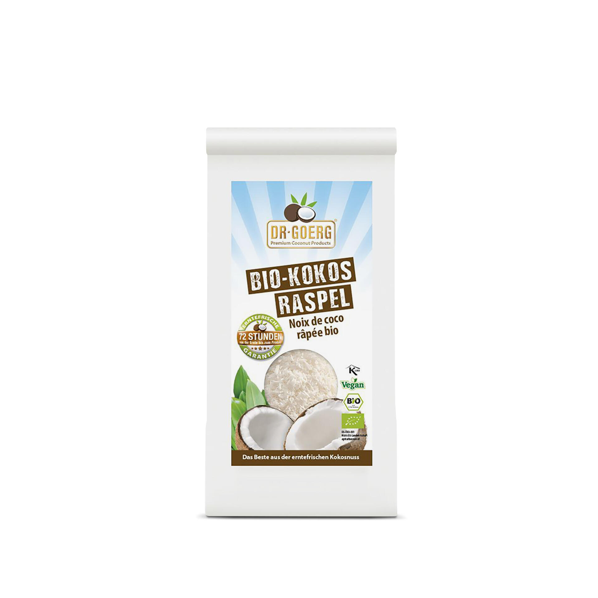 Packung Dr. Goerg Bio-Kokosraspel mit geöffneten Kokosnüssen, Logo, Text Erntefrische 72 Stunden Garantie, Vegan- und Bio-Siegel.