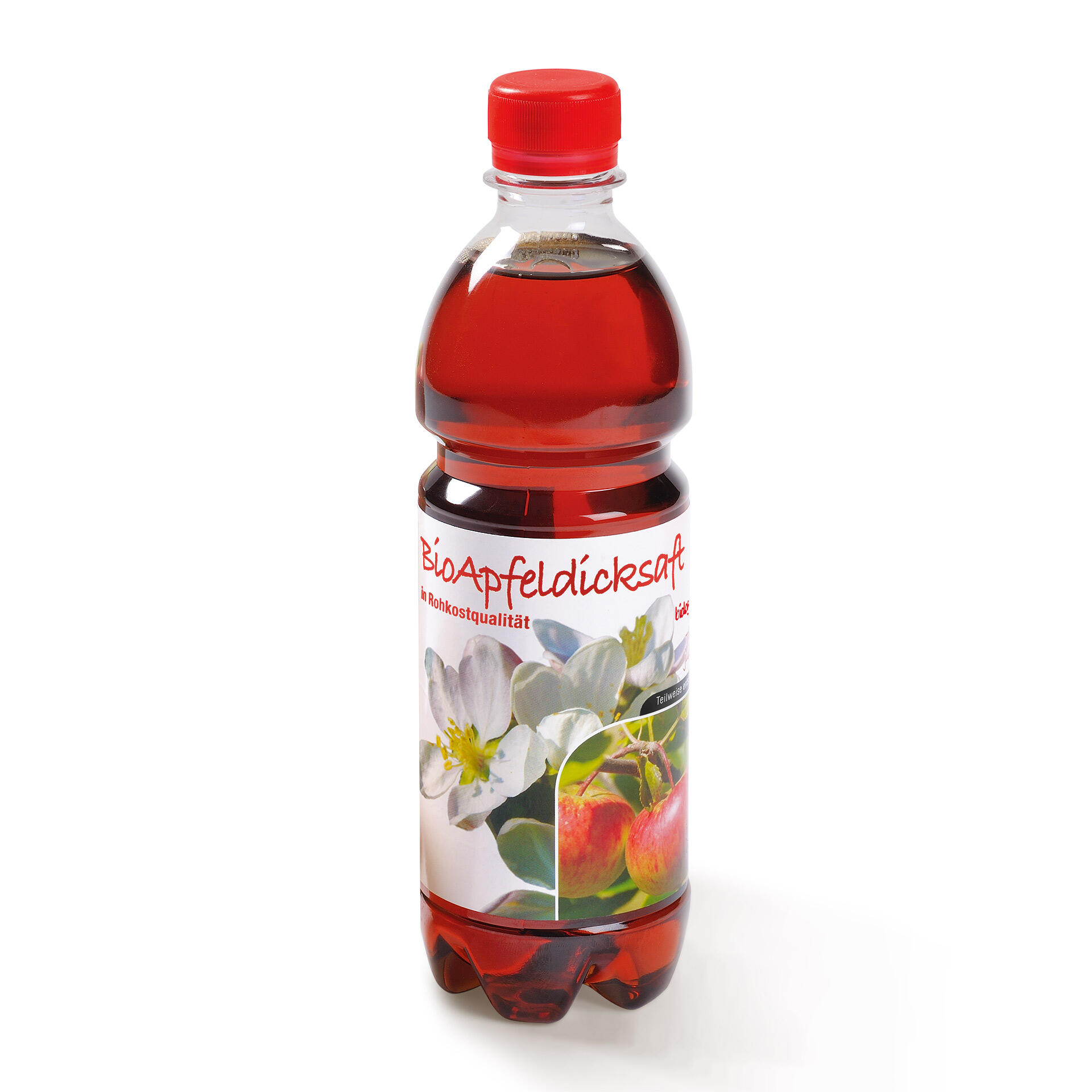 Apfeldicksaft, bio 700 g Plastikflasche mit rotem Schraubverschluss, gefüllt mit Bio-Apfeldicksaft. Auf dem Etikett steht BioApfeldicksaft in Rohkostqualität und zeigt weiße Apfelblüten und rote Äpfel.