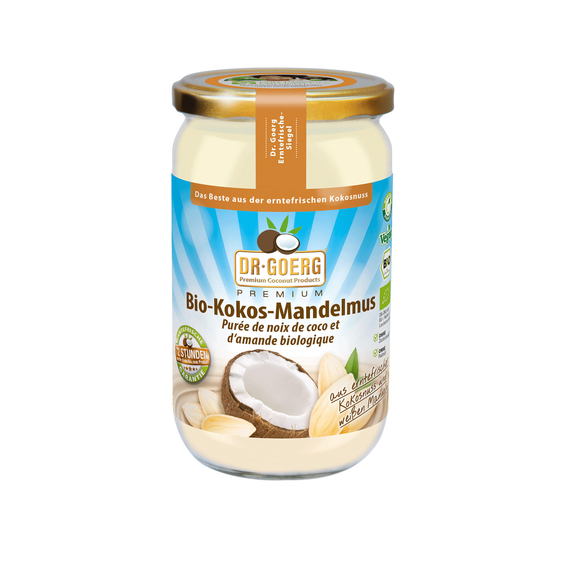 Ein Glas Dr. Goerg Premium Bio-Kokos-Mandelmus mit goldenem Deckel und blauer Etikette. Darauf steht: Das Beste aus der erntefrischen Kokosnuss. Abbildung von Kokosnuss und Mandeln auf dem Etikett.