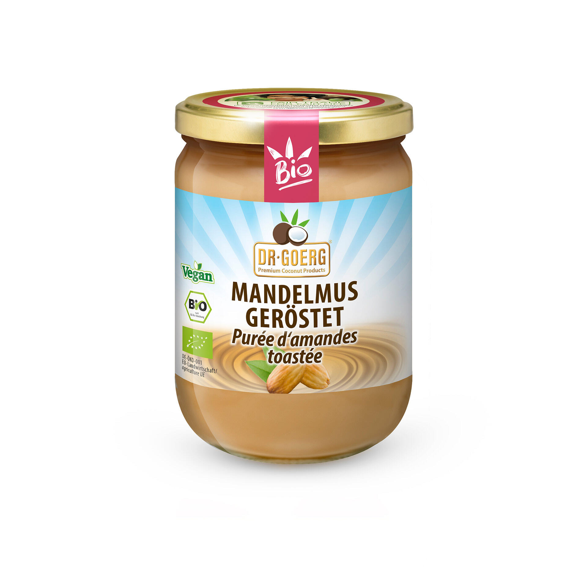 Glas mit goldfarbenem Deckel und rotem Siegel Aufkleber. Auf dem Label steht Dr. Goerg Premium Coconut Products, Mandelmus geröstet und Purée d'amandes toastée. Das Produkt ist bio und vegan.