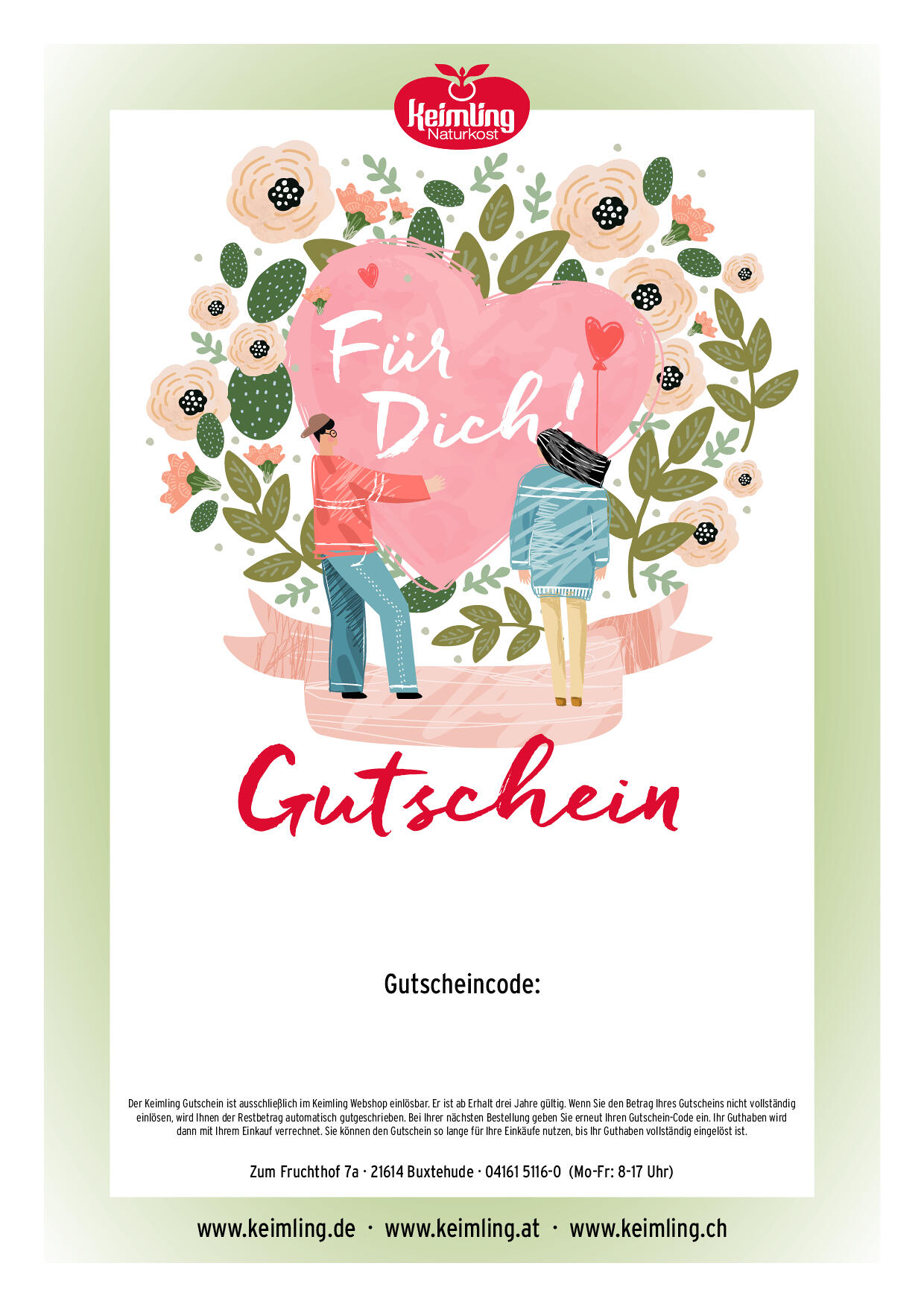 Zwei gezeichnete Personen stehen vor einem großen rosa Herz mit der weißen Schrift Für Dich!. Das Herz ist von Blumen und Blättern umgeben. Darunter steht groß Gutschein.