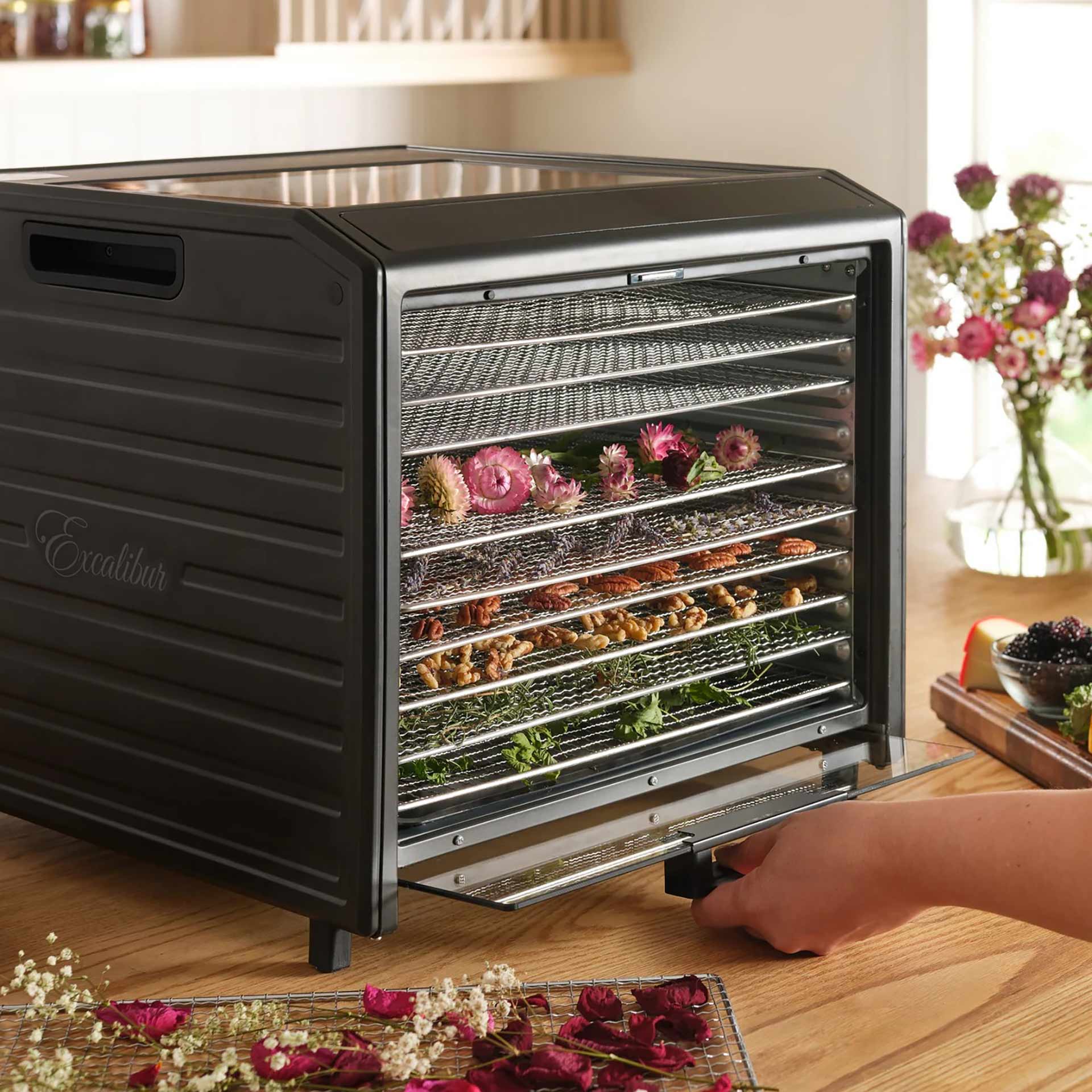 Ein schwarzer Lebensmitteltrockner mit geöffneter Glastür steht auf einem Holztisch. Darin liegen mehrere Gitterroste mit getrockneten Kräutern, Blumen und Nüssen. Eine Hand zieht am Griff.