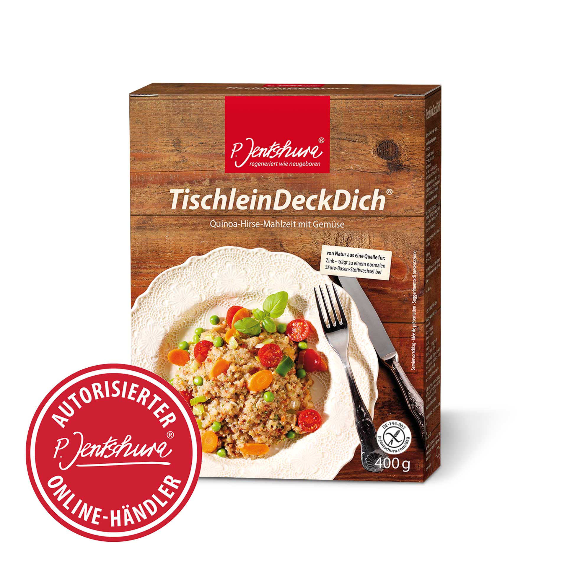 TischleinDeckDich 400 g Packung der P. Jentschura TischleinDeckDich Quinoa-Hirse-Mahlzeit mit Gemüse, 400 g, mit Bild eines weißen Tellers, Quinoa-Gericht mit Karotten, Erbsen und Tomaten, Messer und Gabel liegen daneben.