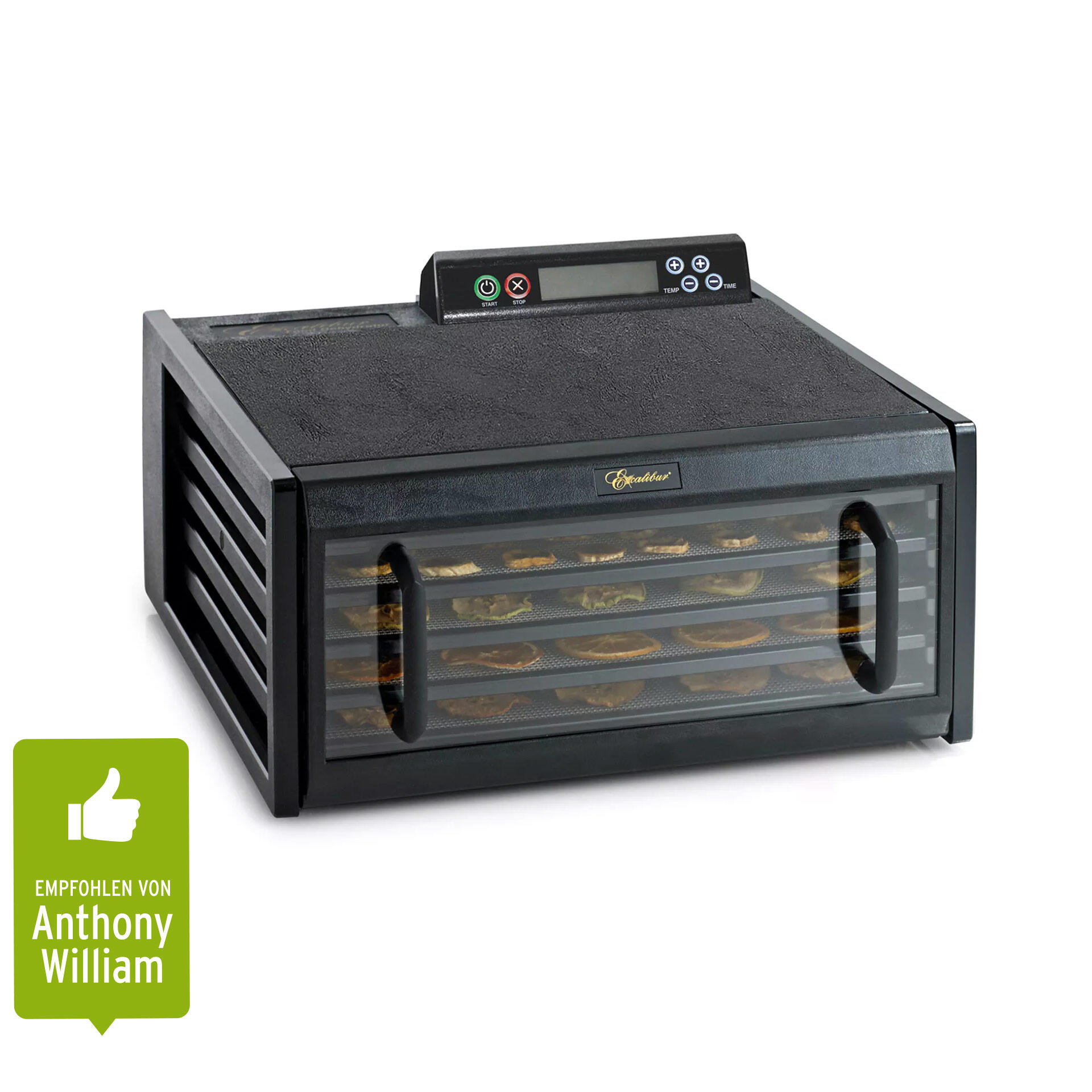 Excalibur Trockner Digital mit fünf Einschüben steht waagerecht. Das Gerät ist schwarz mit Glasfront und zwei Griffen. Auf der Oberseite befindet sich ein digitales Bedienfeld mit Start-, Stopp- und Temperatur- sowie Zeit-Tasten.