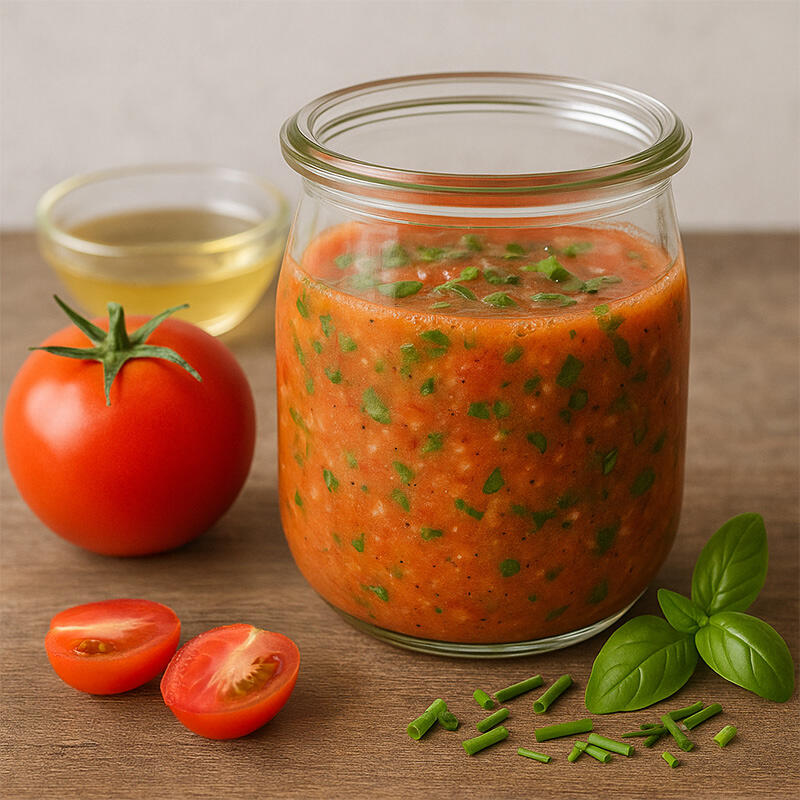 Ein Glas mit rotem Tomaten-Kräuter-Dressing steht auf einem Holzbrett. Daneben liegen eine ganze Tomate, eine halbierte Tomate, ein Glas mit hellem Saft sowie frische grüne Kräuterblätter und Kräuterstücke.
