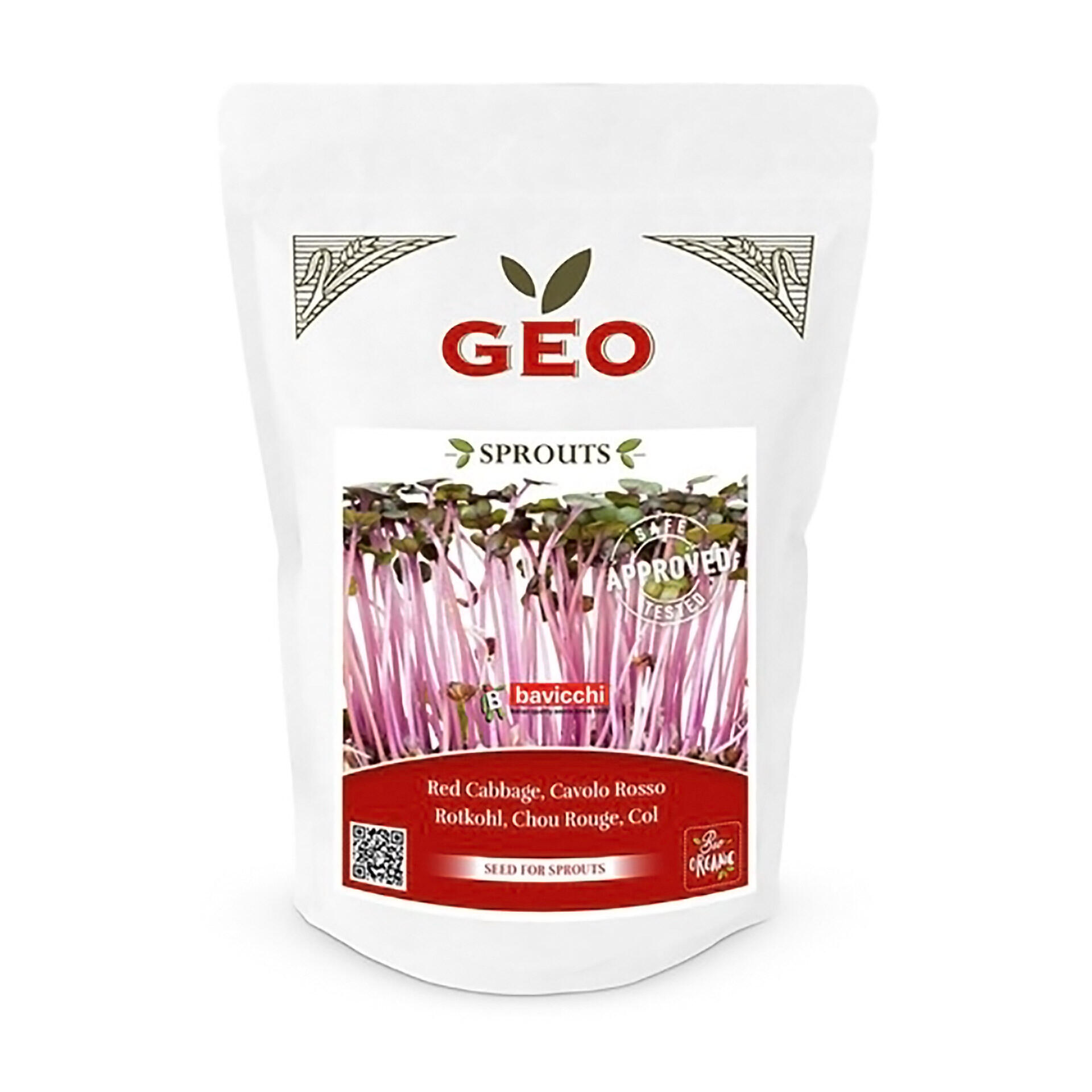 Weißer Beutel mit der Aufschrift GEO SPRROUTS und einem Bild von roten Kohlkeimlingen. Text: Red Cabbage, Cavolo Rosso, Rotkohl, Chou Rouge, Col. Siegel Safe Tested Approved.
