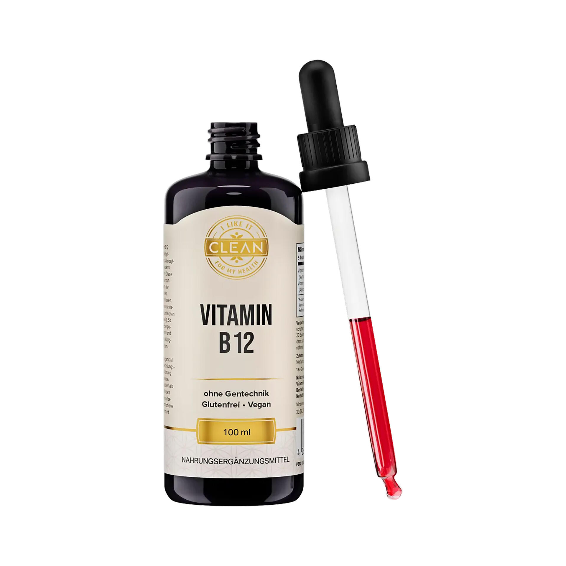 Dunkle Flasche mit der Aufschrift Vitamin B12 und ohne Gentechnik, Glutenfrei, Vegan steht neben einer Pipette mit roter Flüssigkeit.