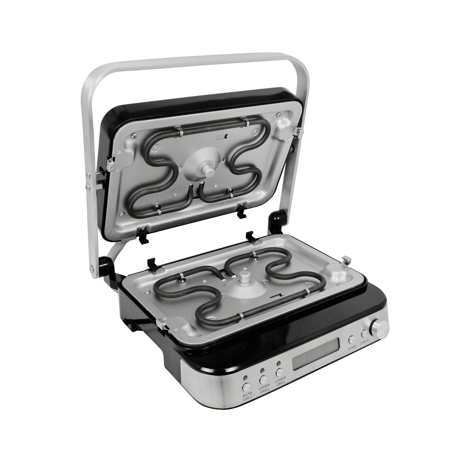 Elektrischer Kontaktgrill mit geöffnetem Deckel zeigt zwei Heizspiralen, Kontrollknöpfe, LCD-Display und Tasten für Grillfunktionen.