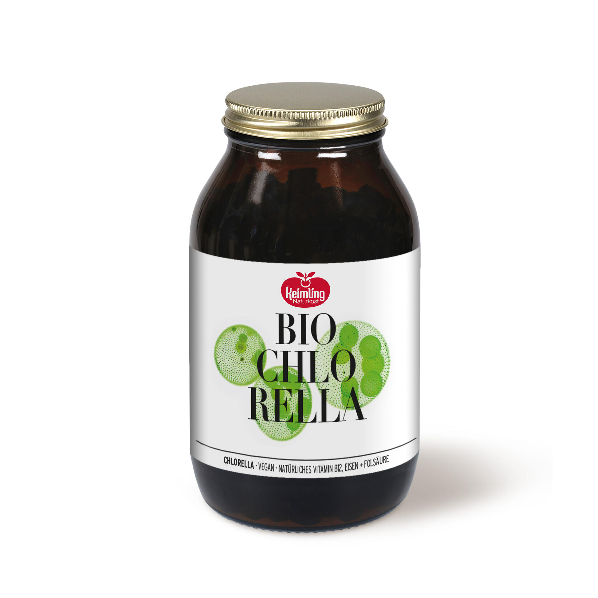 Bio Chlorella 200 Tabl. Braunes Glasglas mit goldenem Schraubverschluss. Das Etikett zeigt das Keimling Naturkost Logo, den Produktnamen BIO CHLORELLA und grüne Chlorella-Algen. Text unten: Chlorella · Vegan · Natürliches Vitamin B12, Eisen + Folsäure.