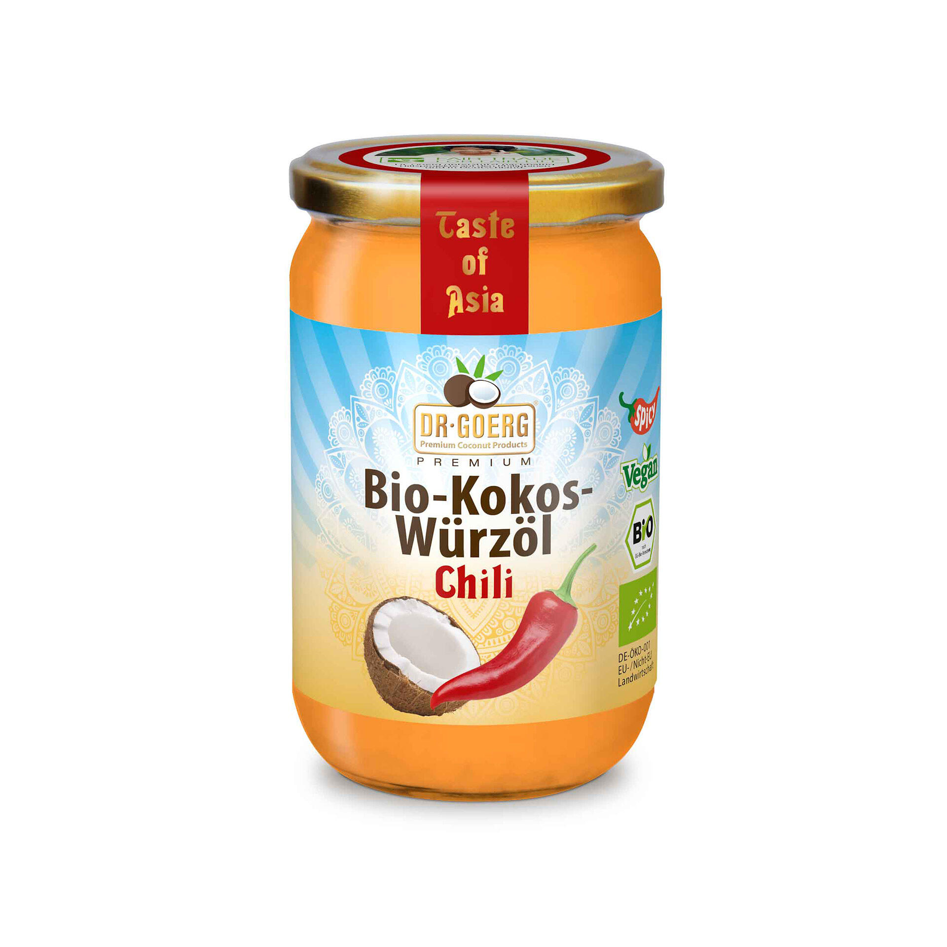 Das Glas Bio-Kokos-Würzöl Chili von Dr. Goerg zeigt ein Etikett mit einer Kokosnuss und einer roten Chili. Auf dem Deckel steht Taste of Asia. Das Öl ist vegan, bio und scharf.