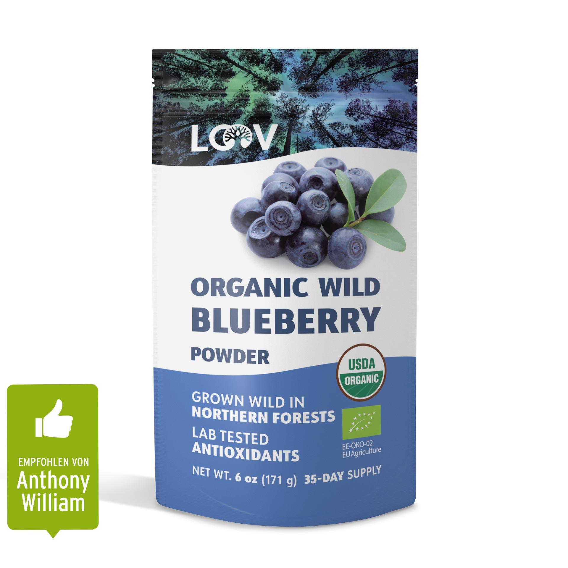 Verpackung von LOOV Organic Wild Blueberry Powder mit Heidelbeeren und Blättern, Text Grown Wild in Northern Forests, USDA Organic Siegel, 171 g, 35-Day Supply.