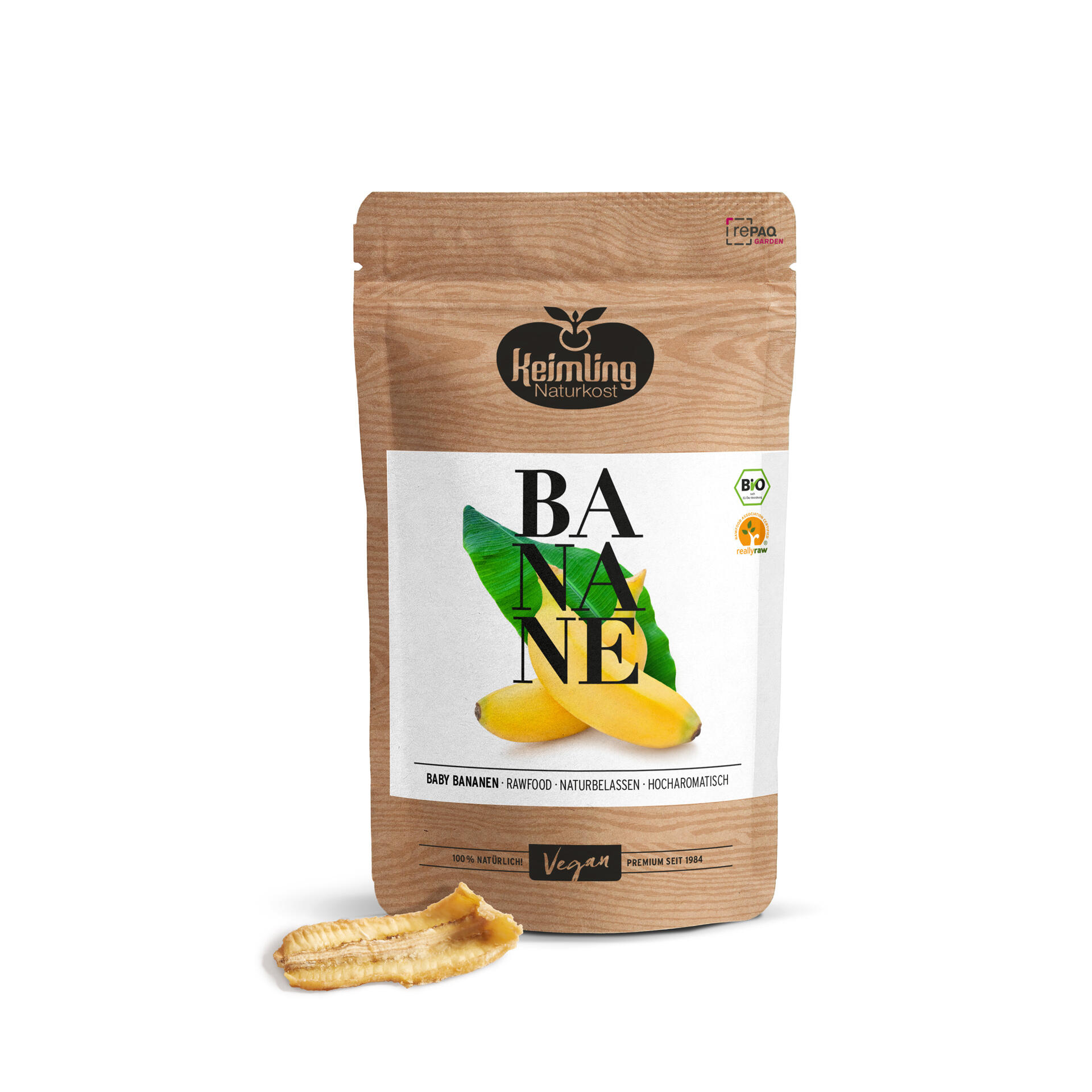 Keimling Naturkost Verpackung mit dem Schriftzug BANANE und Abbildung von zwei gelben Babybananen mit grünem Blatt. Unten steht Baby Bananen · Rawfood · Naturbelassen · Hocharomatisch.