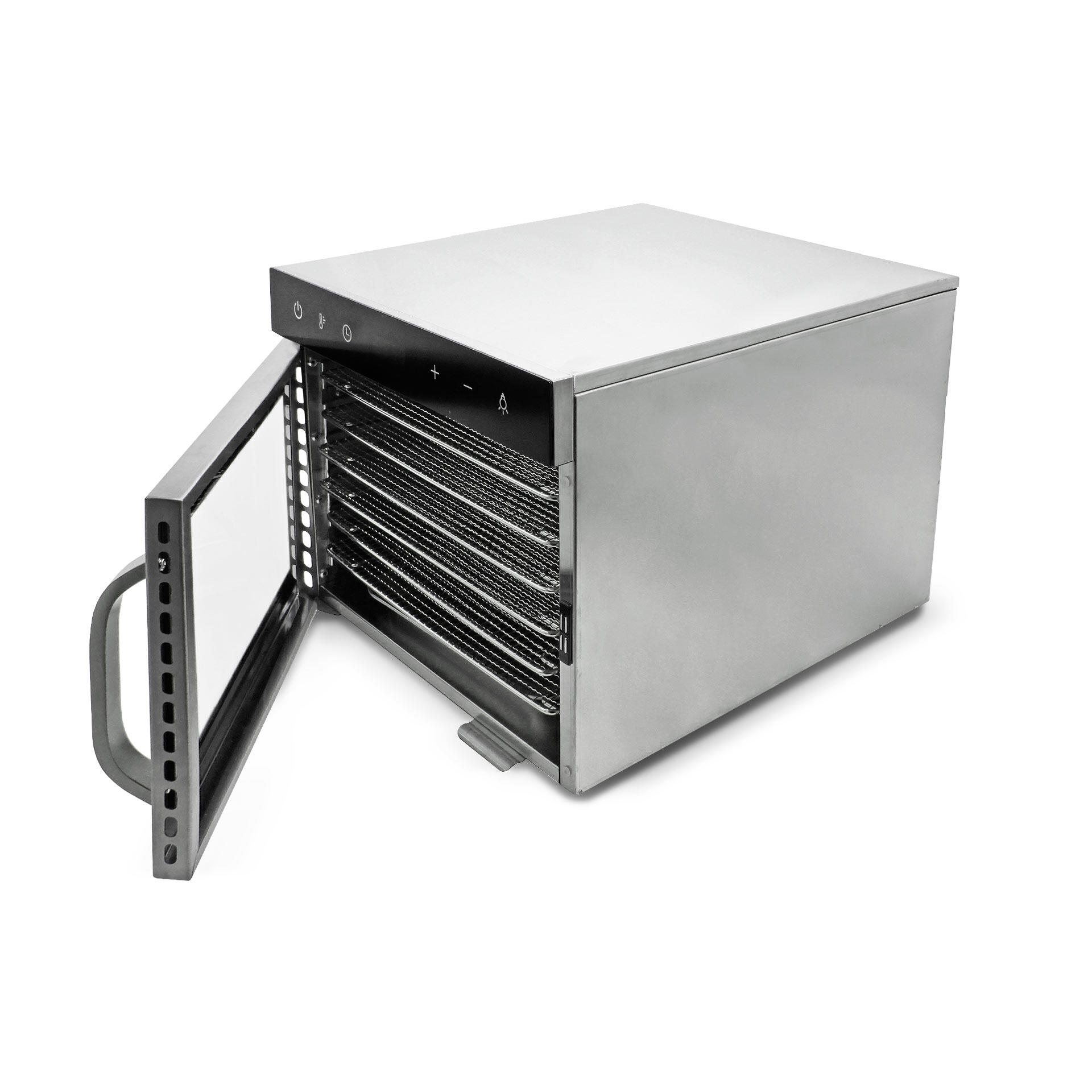 Ein silberner Dörrapparat mit offener Tür zeigt fünf Einschubgitter. Die Vorderseite hat eine schwarze Bedienleiste mit Symbolen für Ein-/Aus, Temperatur, Zeit, Plus, Minus und Alarm.