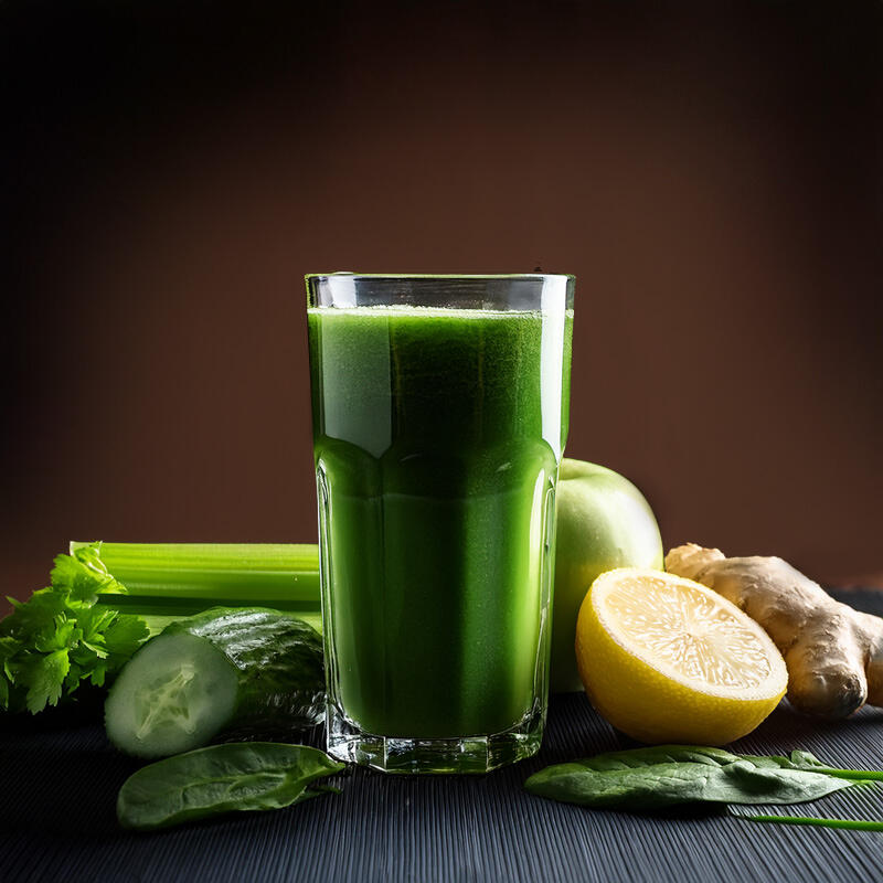 Ein Glas grüner Detox-Saft steht im Mittelpunkt. Umgeben ist es von Sellerie, Gurke, grünen Äpfeln, einer halbierten Zitrone, Ingwer und frischen Spinatblättern.