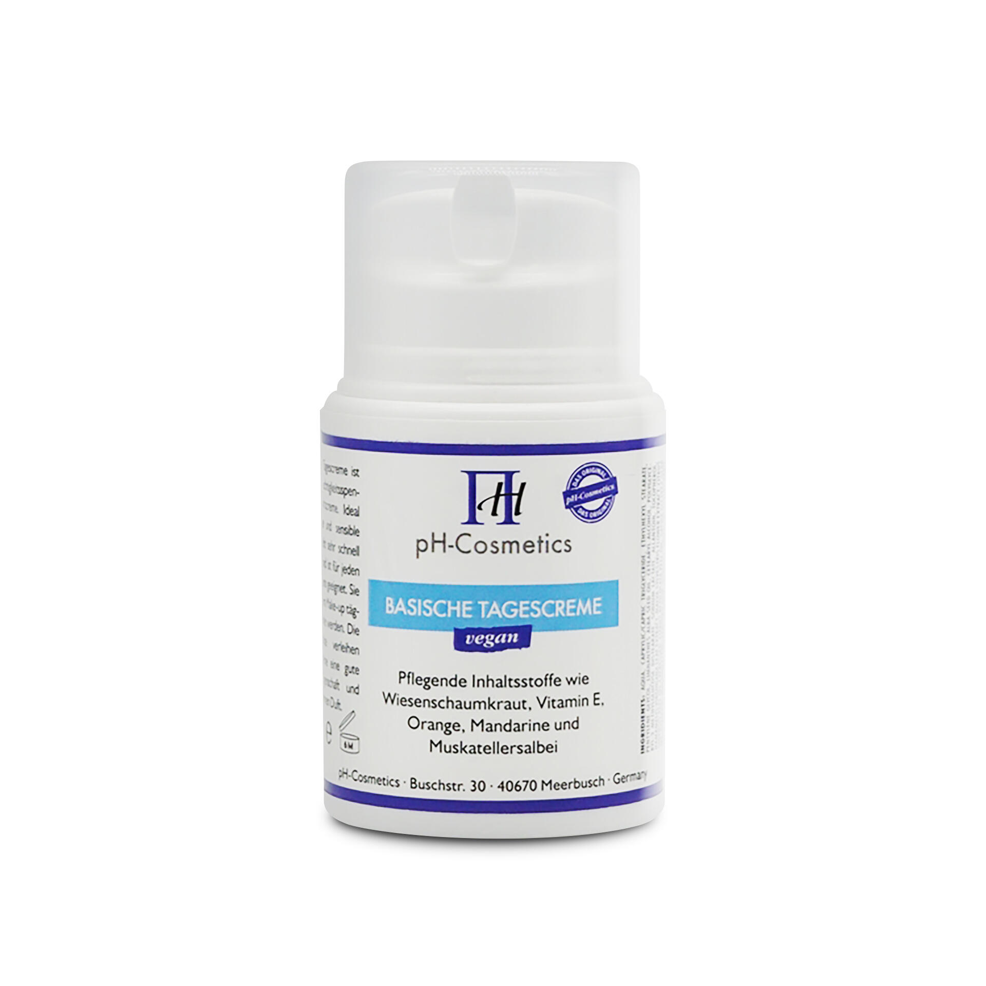 Weiße Dose pH-Cosmetics Basische Tagescreme vegan mit klarem Deckel. Auf dem Etikett sind pflegende Inhaltsstoffe wie Wiesenschaumkraut, Vitamin E, Orange, Mandarine und Muskatellersalbei angegeben.