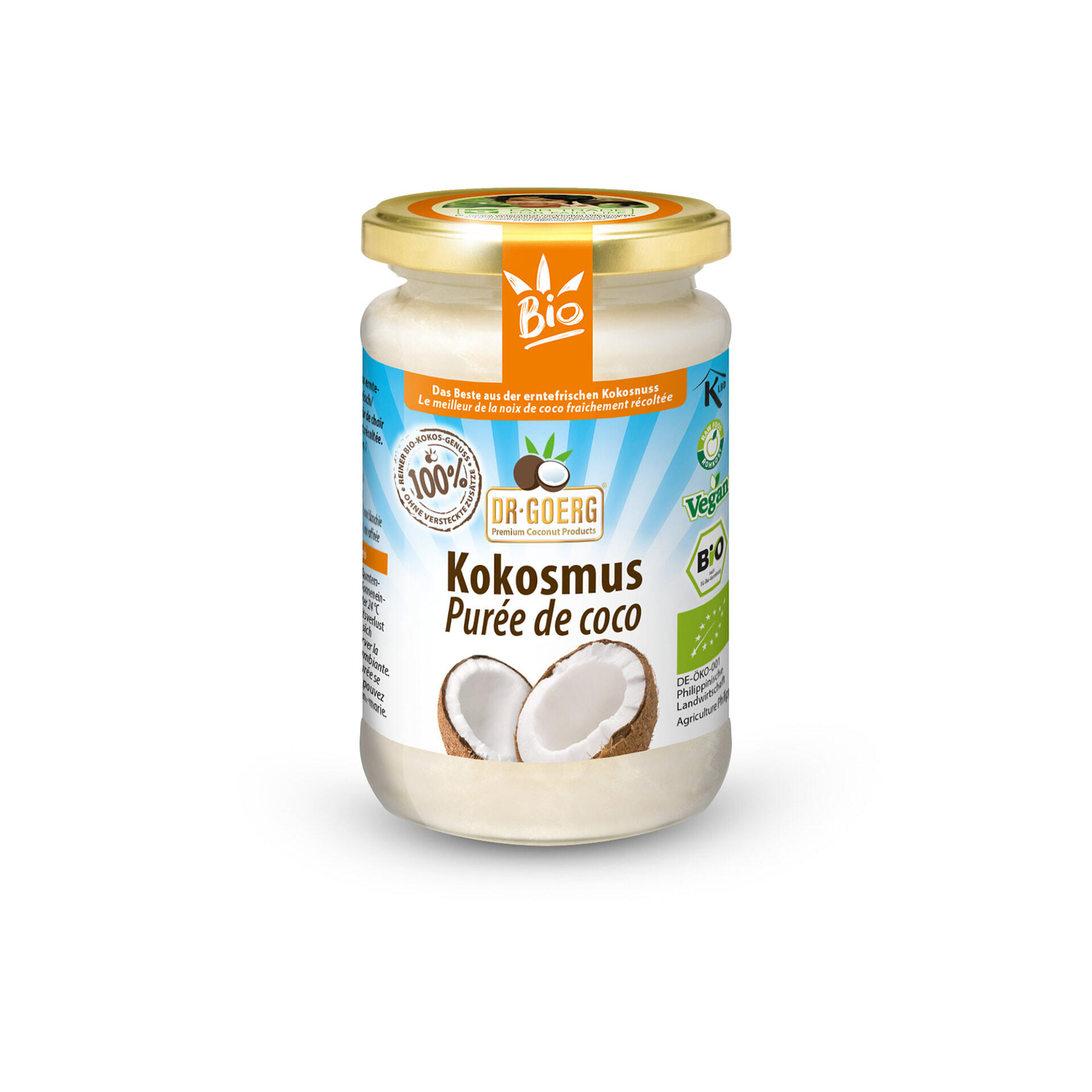 Ein Glas Dr. Goerg Kokosmus mit goldfarbenem Deckel. Das Etikett zeigt zwei halbe Kokosnüsse und die Aufschrift 100 % Bio-Kokosnuss. Das Produkt ist vegan und bio-zertifiziert.