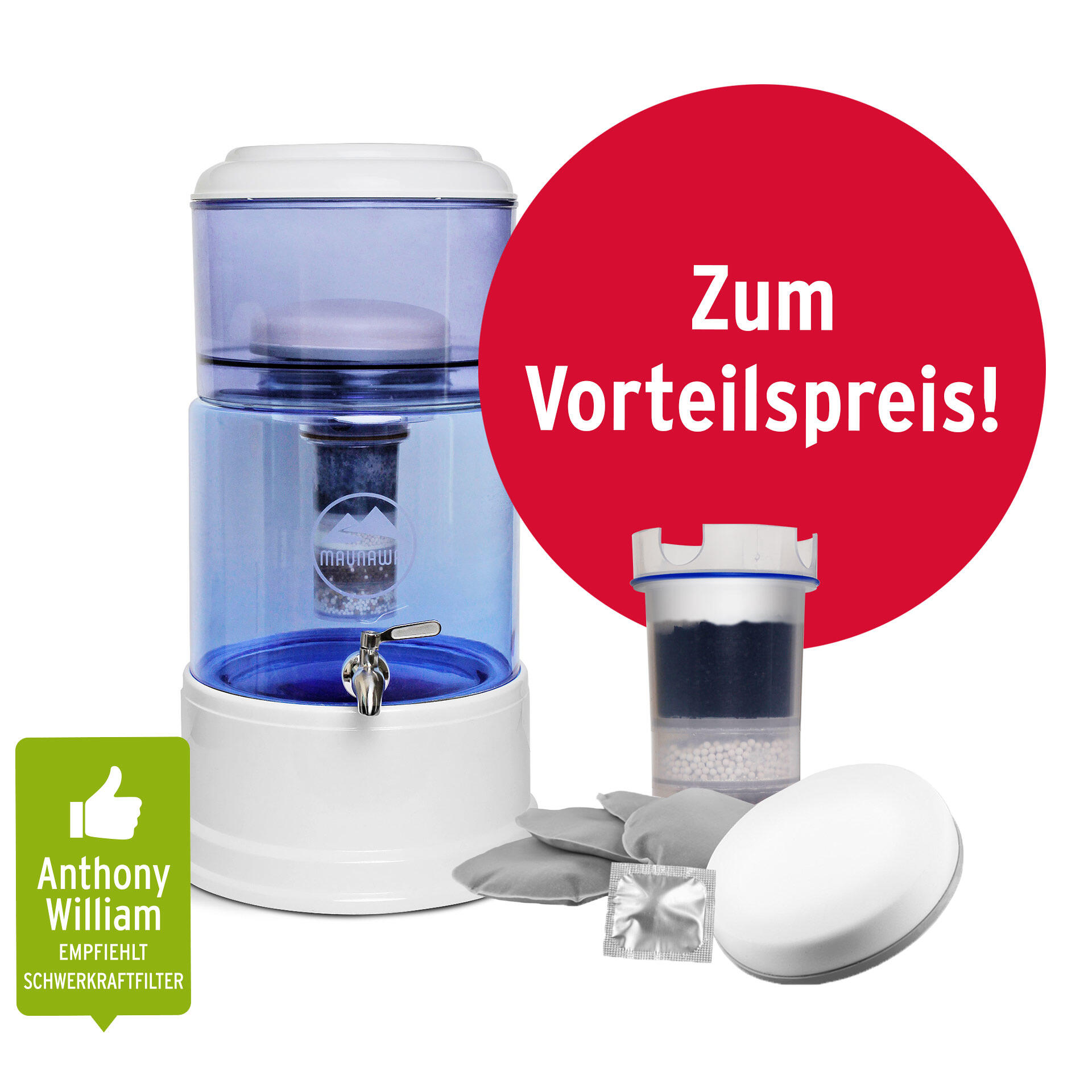 Der Maunawai PI PRIME K8 Tischwasserfilter steht neben mehreren Filterkapseln und einem weißen, runden Filterelement. Ein roter Kreis zeigt den Schriftzug Zum Vorteilspreis!.