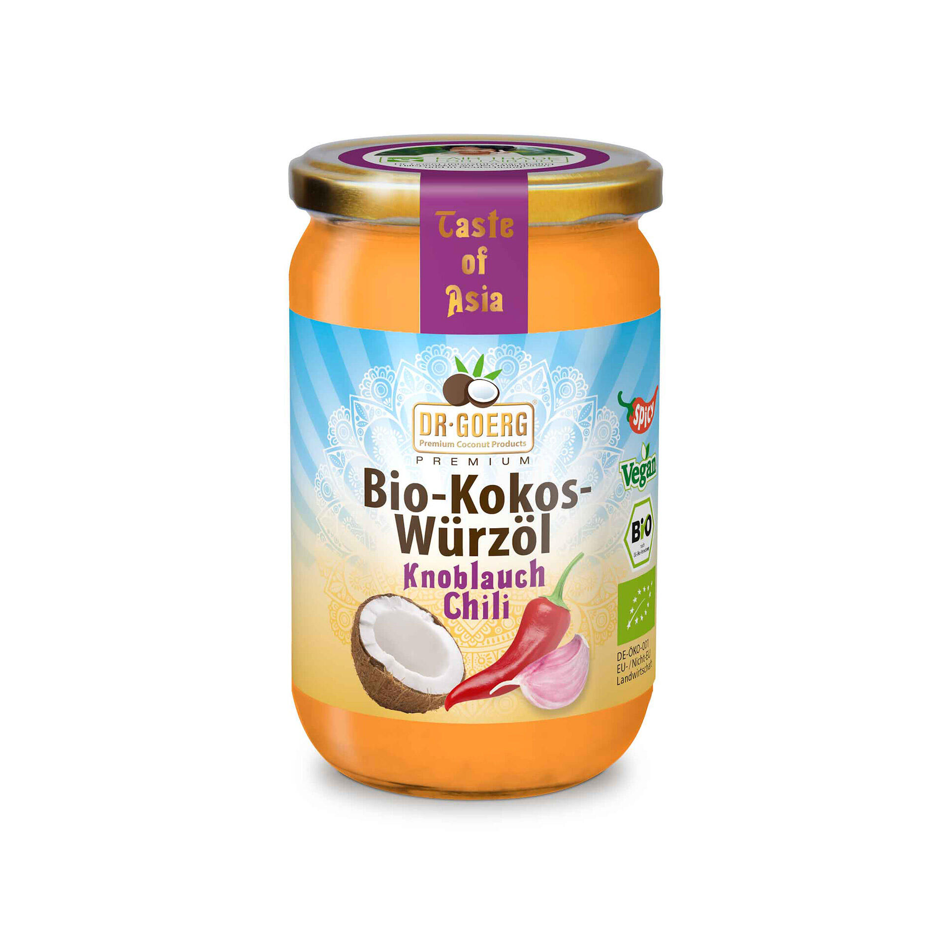 Ein Glas Dr. Goerg Bio-Kokos-Würzöl Knoblauch Chili mit goldfarbener Schraubdeckel und Aufschrift Taste of Asia. Das Etikett zeigt eine halbe Kokosnuss, eine Chilischote und Knoblauchzehe.