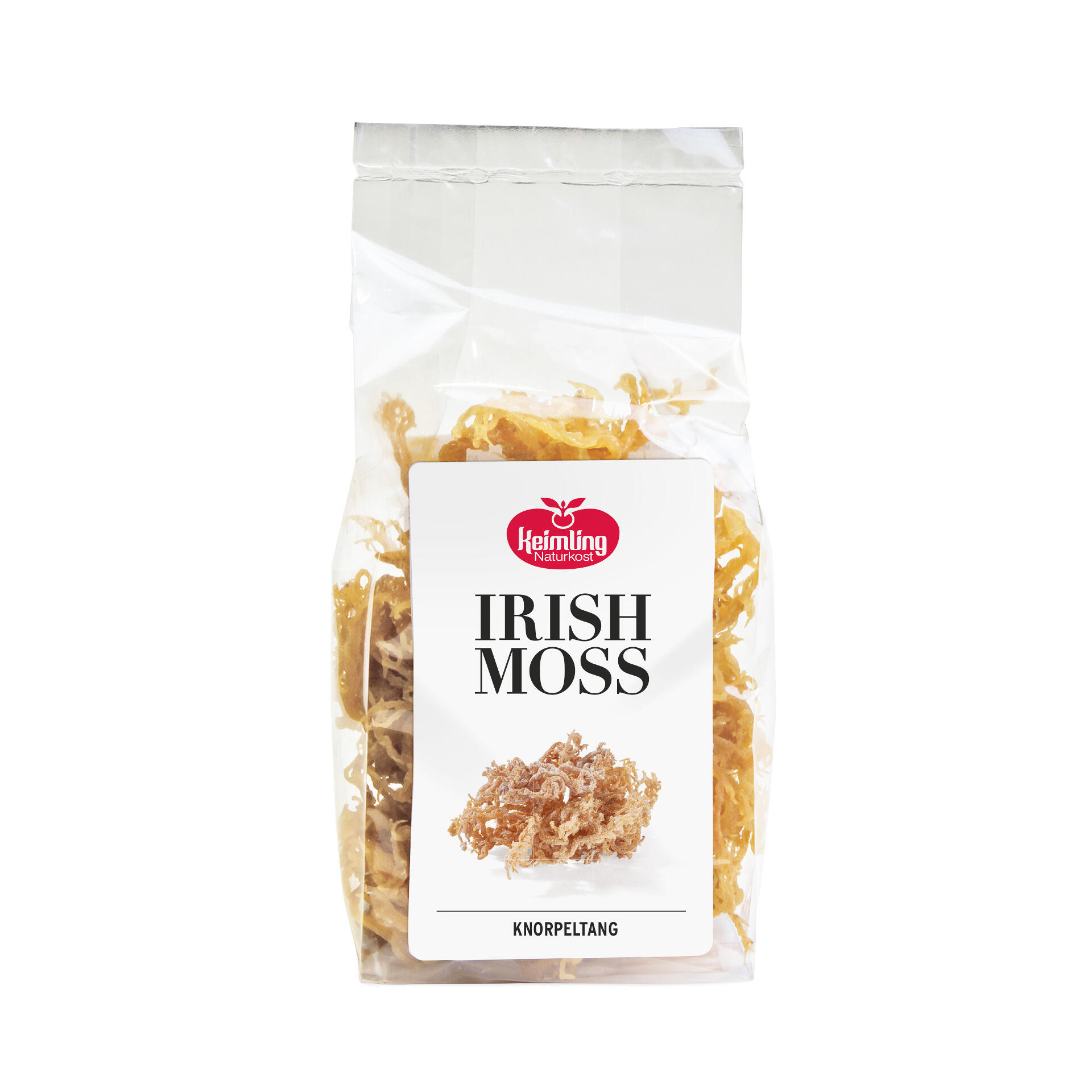 Transparente Verpackung mit getrocknetem Knorpeltang, vorne ein weißes Etikett mit rotem Keimling Naturkost-Logo, großem Text IRISH MOSS und darunter KNORPELTANG.