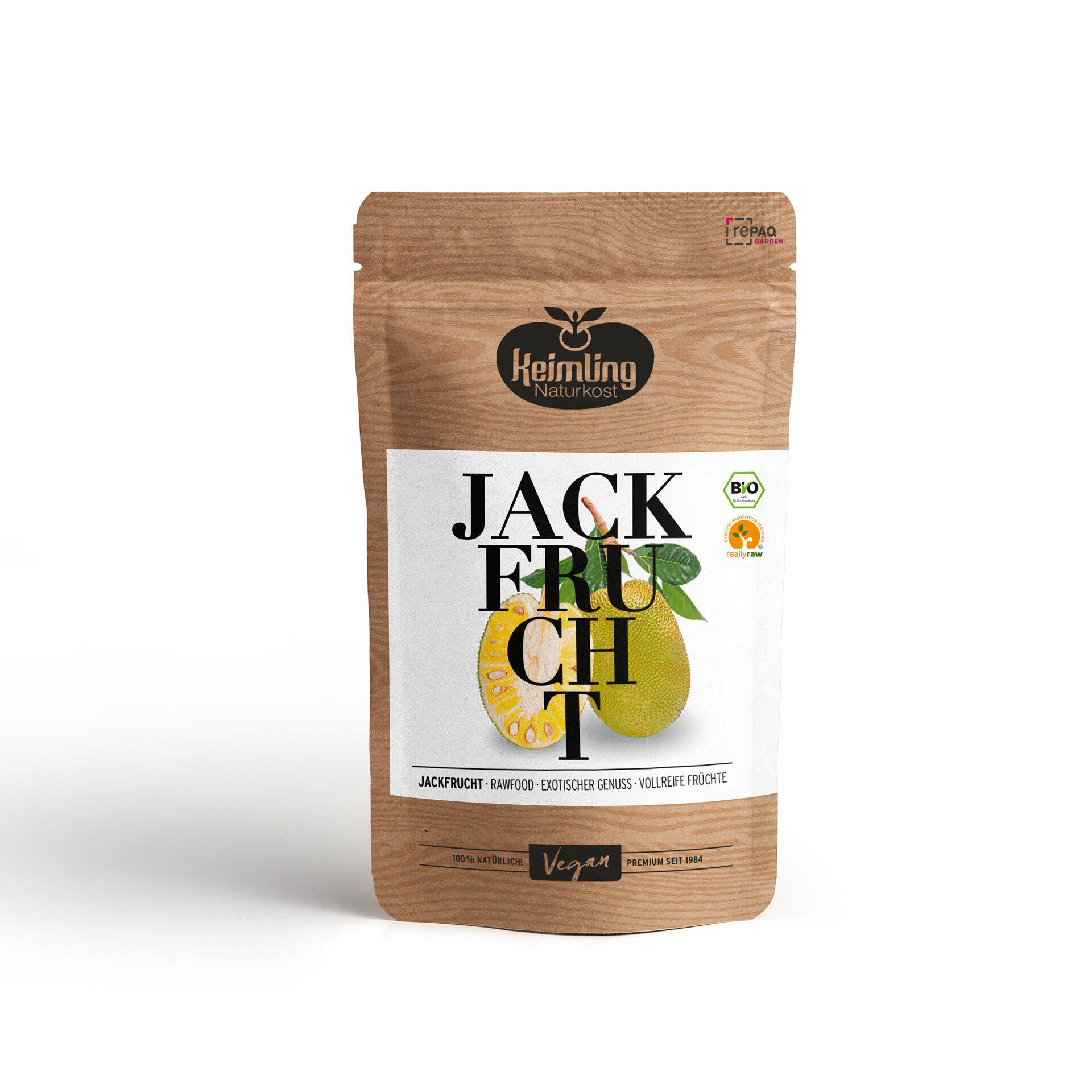 Jackfrucht, bio 150 g Verpackung aus braunem Papier mit dem Logo Keimling Naturkost. Aufdruck zeigt eine ganze und eine halbierte Jackfrucht mit den Worten JACKFRUCHT. Bio- und vegan-Siegel sind sichtbar.