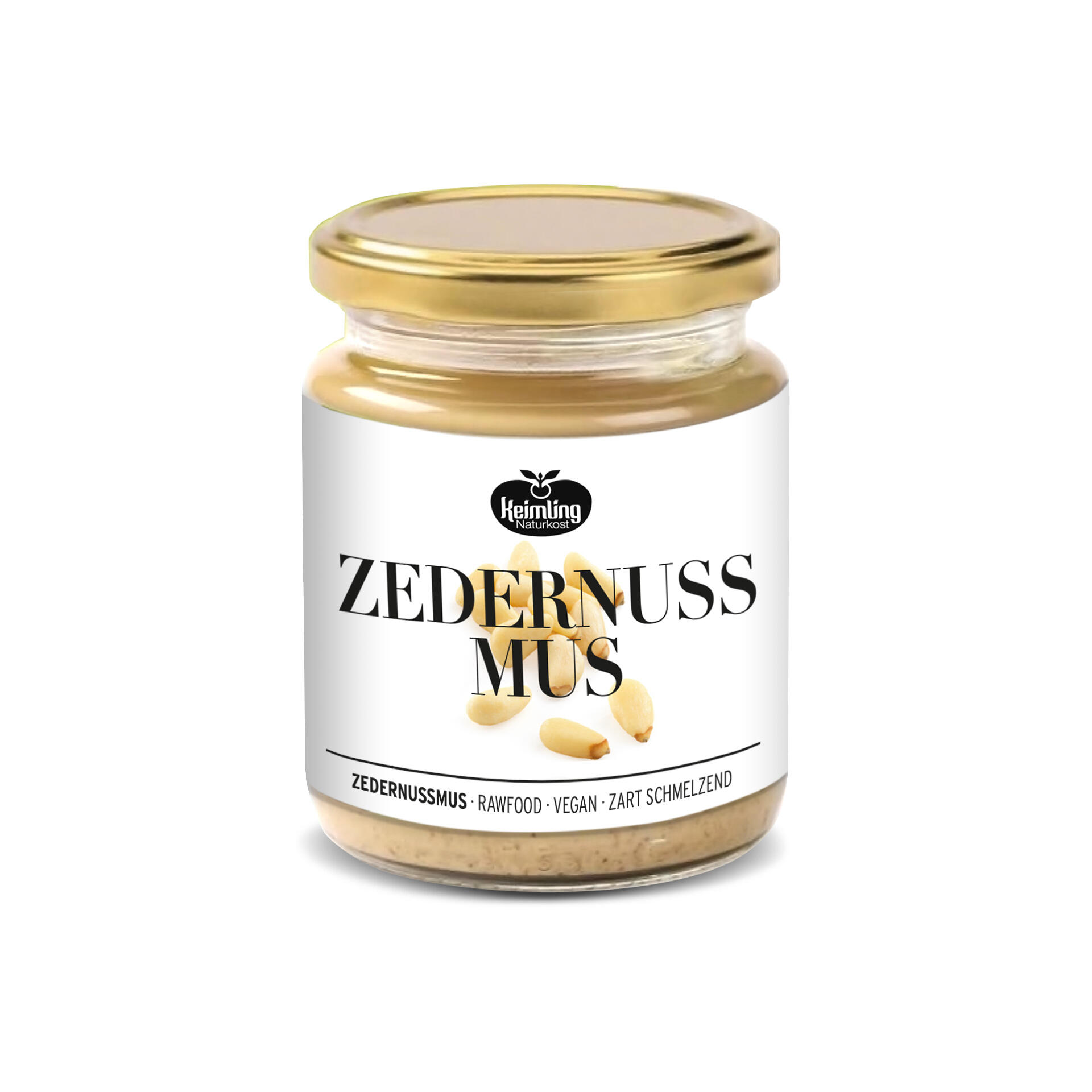 Das Glas Zedernussmus von Keimling Naturkost hat einen goldfarbenen Deckel. Die weiße Etikette zeigt das Produktbild und trägt den Text ZEDERNUSSMUS. Darunter steht ZEDERNUSSMUS · RAWFOOD · VEGAN · ZART SCHMELZEND.