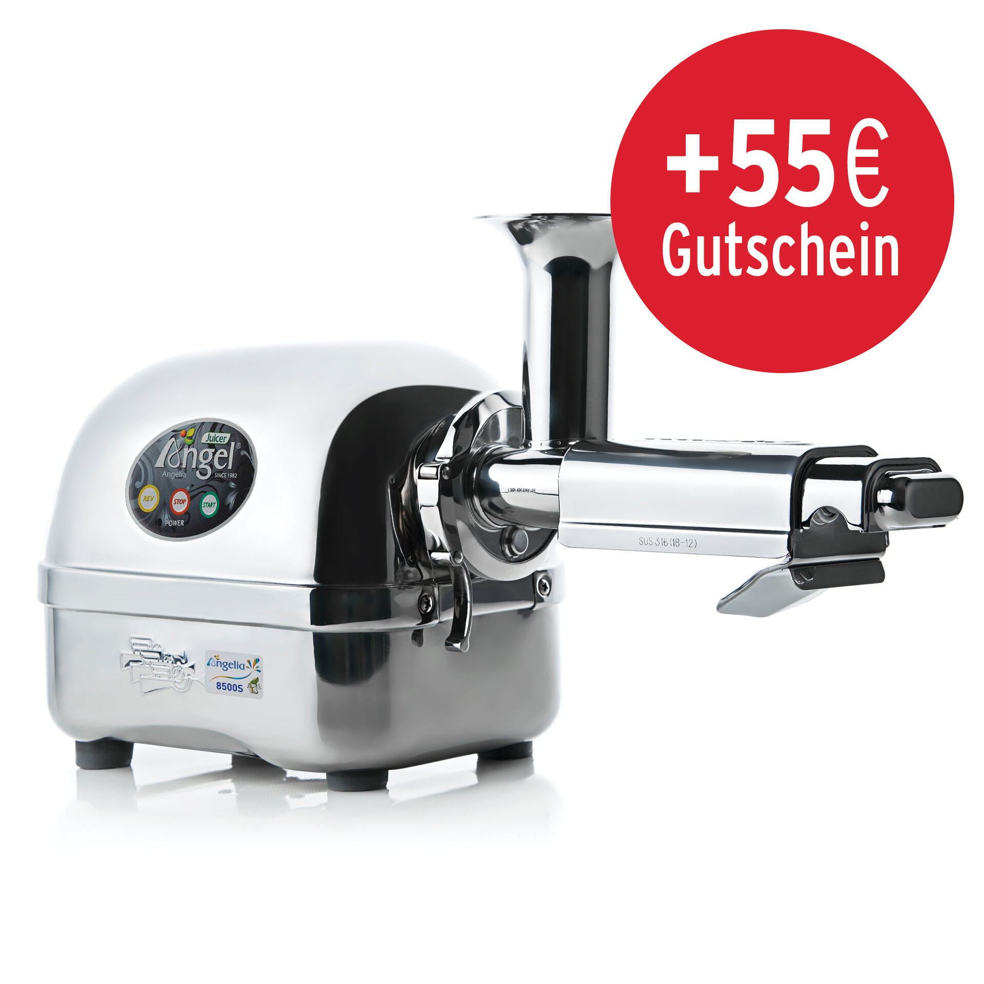Der Angel Juicer 8500S besteht aus glänzendem Edelstahl und hat drei farbige Bedienknöpfe. Rechts ist ein Einfüllstutzen und ein Auslassrohr sichtbar. Ein roter Kreis zeigt +55 € Gutschein an.
