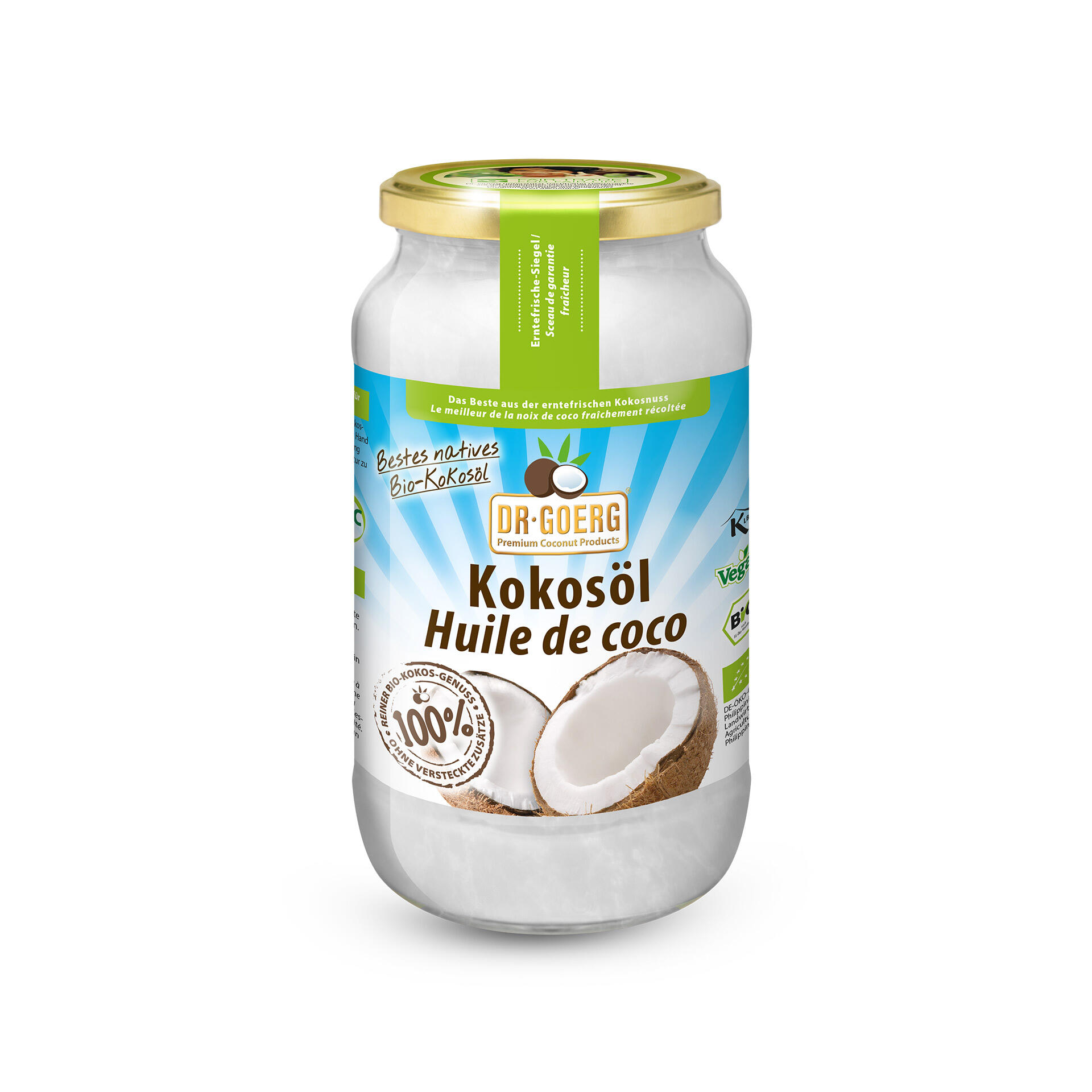 Ein Glas Dr. Goerg Kokosöl mit goldenem Deckel und blauer Etikette. Auf der Vorderseite sind gespaltene Kokosnüsse abgebildet. Text: Bestes natives Bio-Kokosöl, 100% reiner Bio-Kokos-Genuss.