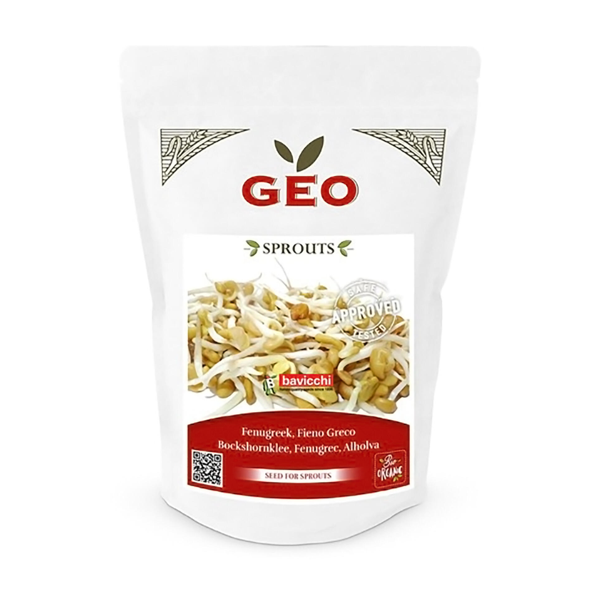 Verpackung mit GEO Sprouts Bockshornklee Keimsaaten. Auf der Packung sind gekeimte Bockshornkleesamen, der Text Fenugreek, Fieno Greco, Bockshornklee, Fenugrec, Alholva und ein Siegel Safe Tested Approved zu sehen.