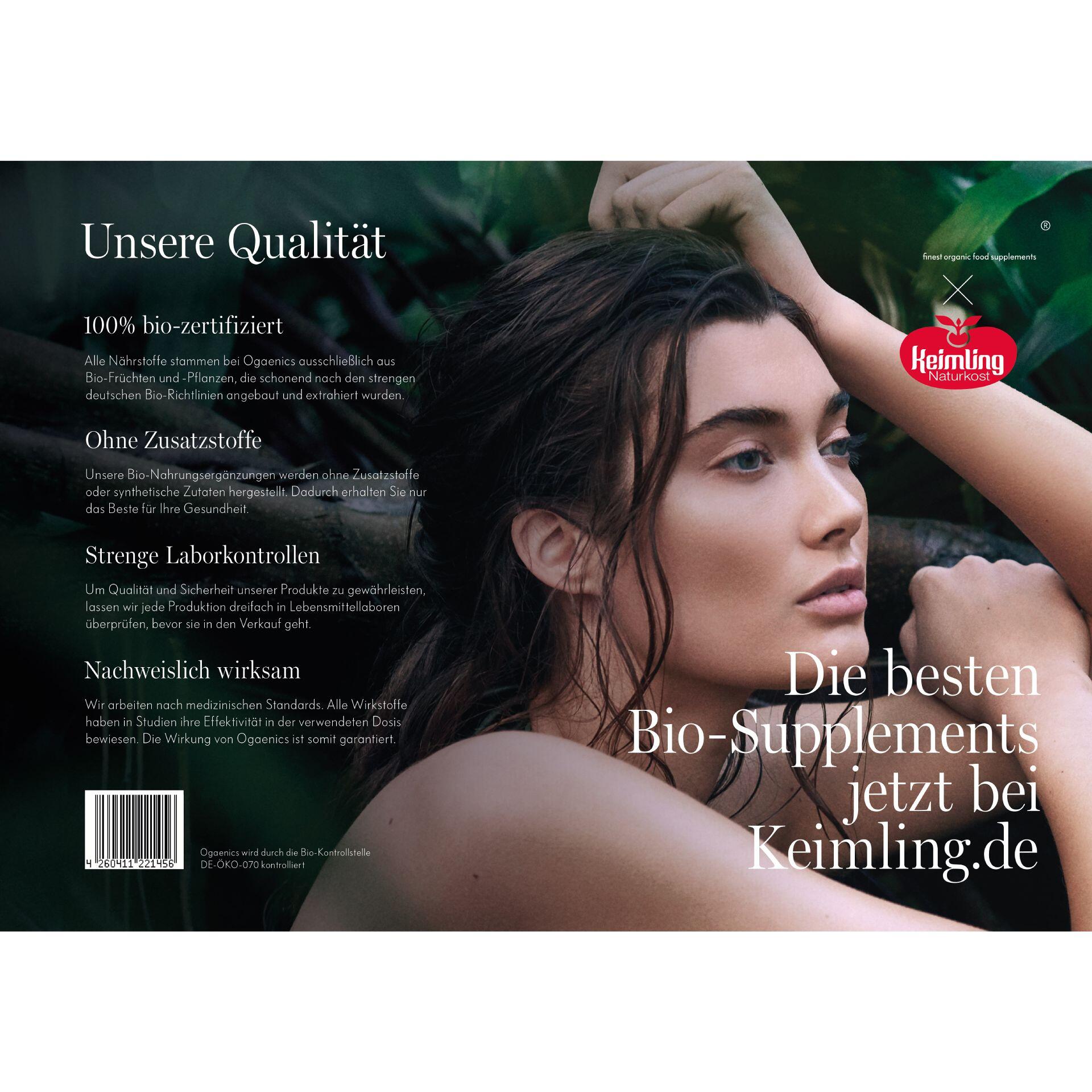 Junge Frau lehnt entspannt mit erhobenem Arm an einem Baumstamm im Grünen. Rechts steht der Text Die besten Bio-Supplements jetzt bei Keimling.de mit Keimling-Logo. Links sind Qualitätsinformationen zu Bio-Zertifizierung und Laborprüfungen.