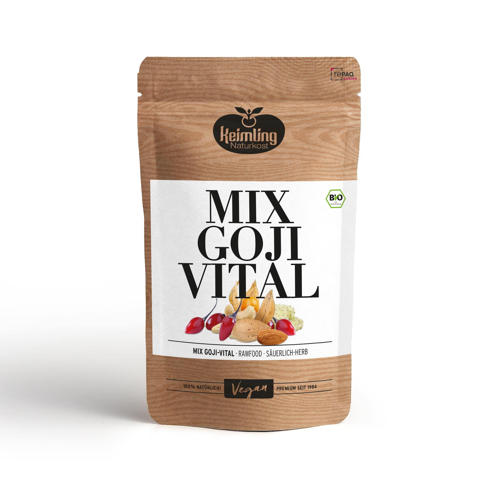 Verpackung der Keimling Naturkost Mix Goji-Vital Knabbermischung mit getrockneten Goji-Beeren, Mandeln, Cashewkernen und physalisähnlichen Früchten. Bio-Label und Vegan-Hinweis sichtbar.