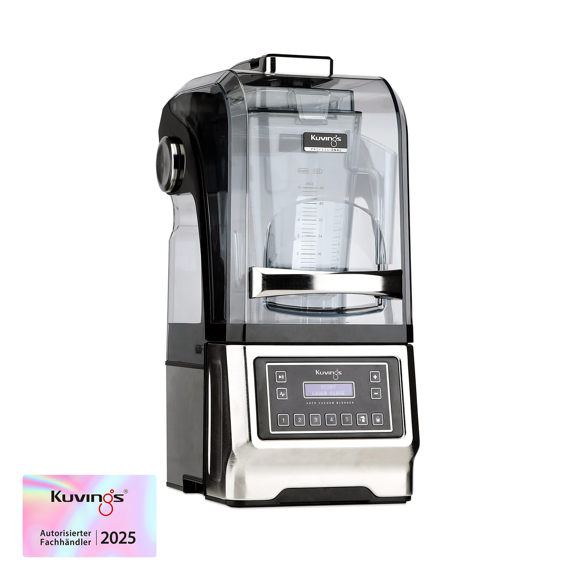 Kuvings CB1000 Professional Auto Vacuum Blender mit transparentem Behälter, Anzeige READY COVER CLOSE und Touch-Bedienfeld mit Zifferntasten. Zusätzlich ein holografisches Label Kuvings Autorisierter Fachhändler 2025.