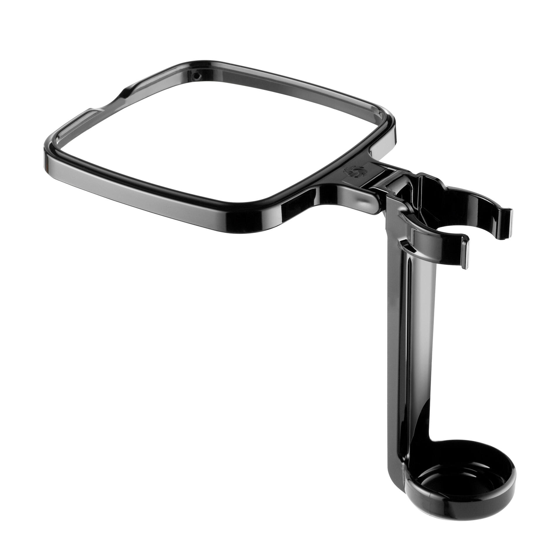 Schwarze Stößelhalterung aus Kunststoff für Vitamix-Mixer. Sie besitzt eine quadratische Rahmenhalterung, einen vertikalen Halter und eine runde Ablage für den Stößel.