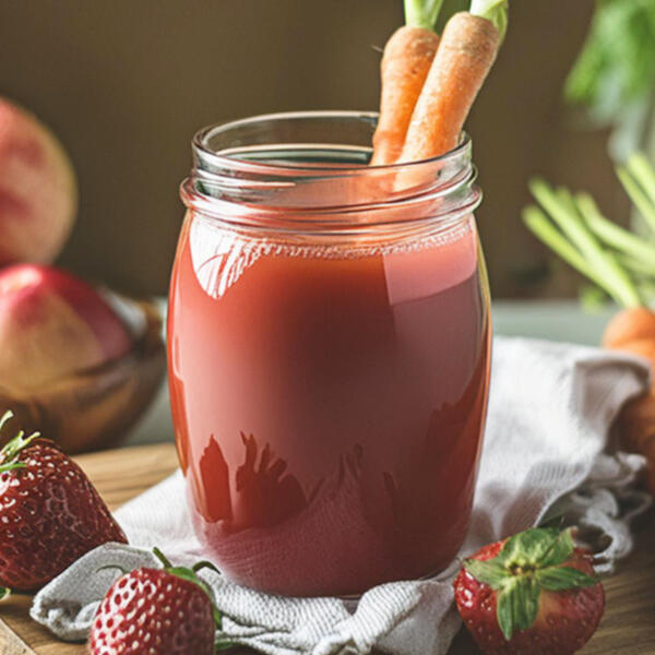 Summer Feelings Saft Ein Glas mit rotem Sommer-Feeling Saft steht auf einem weißen Tuch. Zwei Möhren stecken im Glas. Rundherum liegen frische Erdbeeren und Äpfel.
