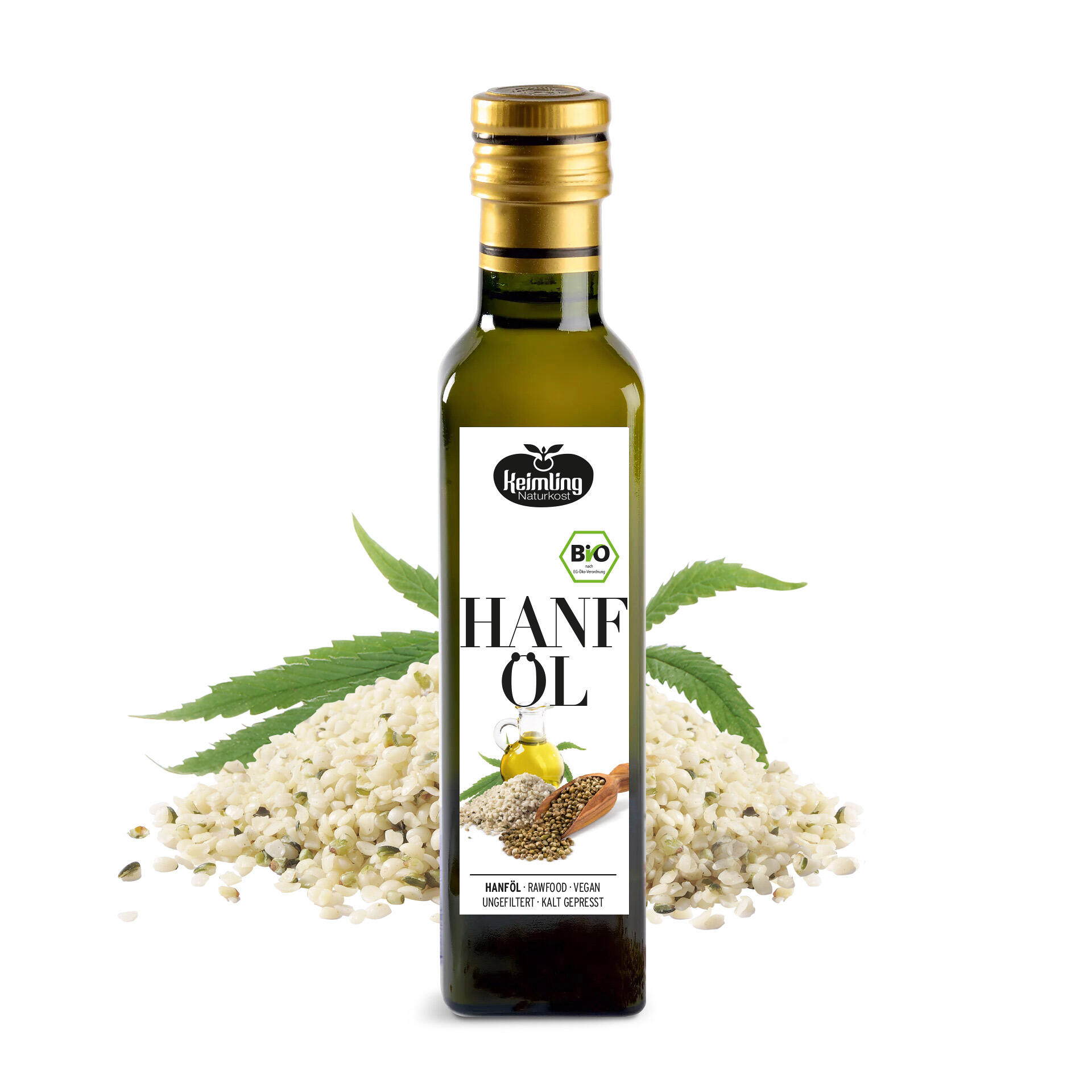 Hanföl, bio 250 ml Flasche Hanföl von Keimling Naturkost mit goldenem Verschluss steht vor Hanfsamen und zwei grünen Hanfblättern. Auf dem Etikett steht: BIO, Hanföl, Hanföl · Rawfood · Vegan, Ungefiltert · Kalt gepresst.
