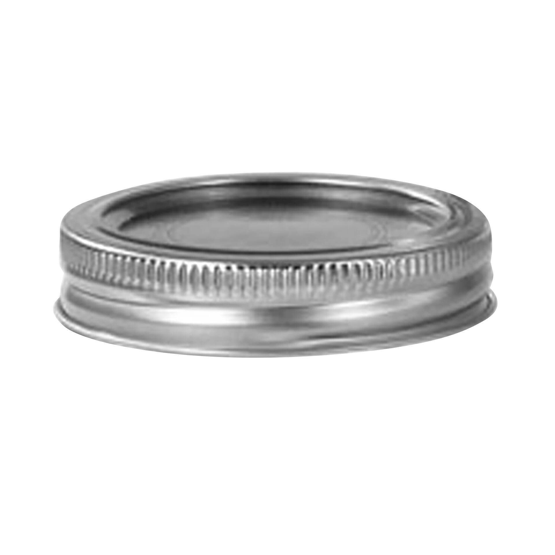 Metallischer Schraubdeckel mit geriffeltem Rand für Mason Jar Glasbehälter.