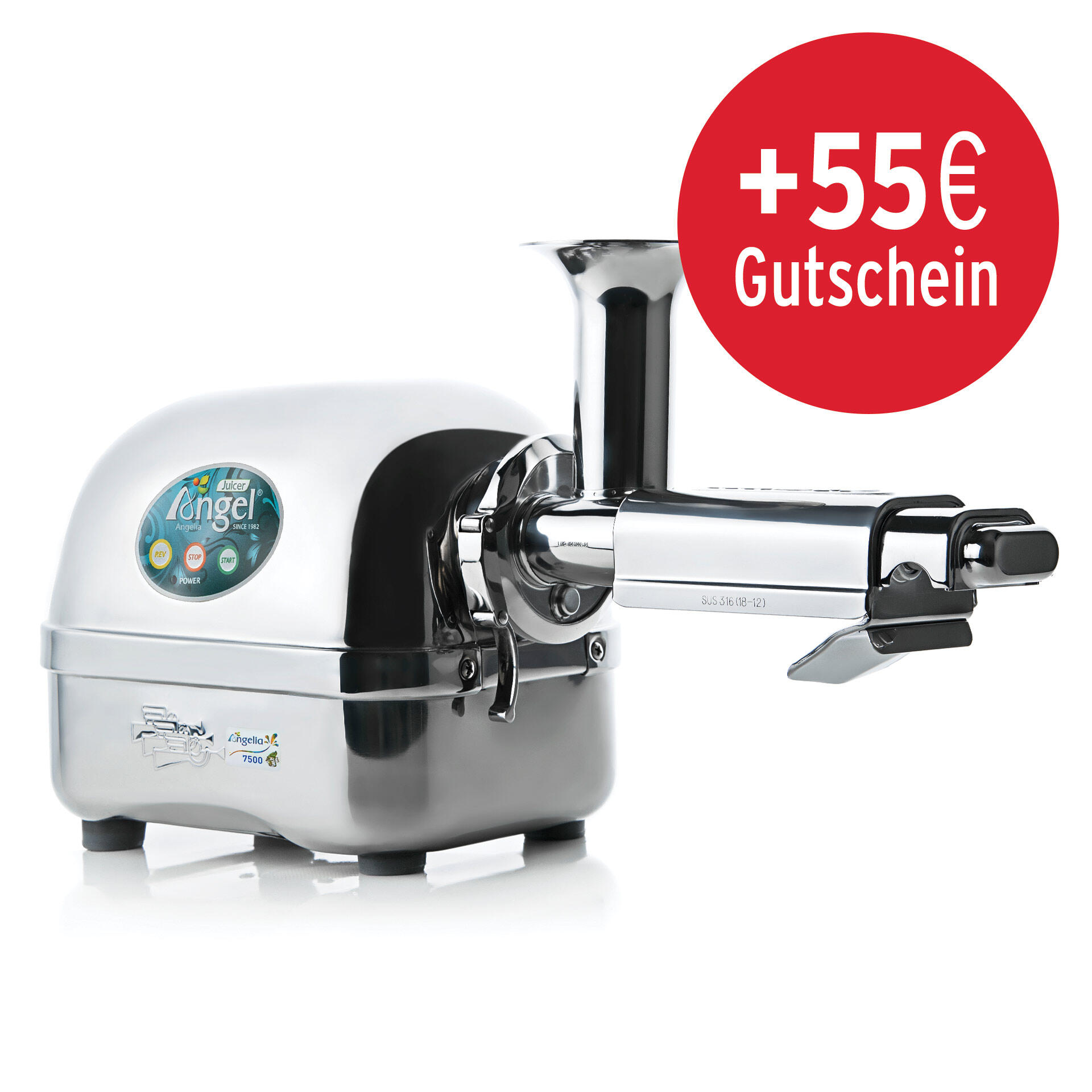 Der Angel Juicer 7500 Entsafter aus Edelstahl steht auf vier schwarzen Füßen. Rechts davon ein roter Kreis mit weißer Schrift +55 € Gutschein.