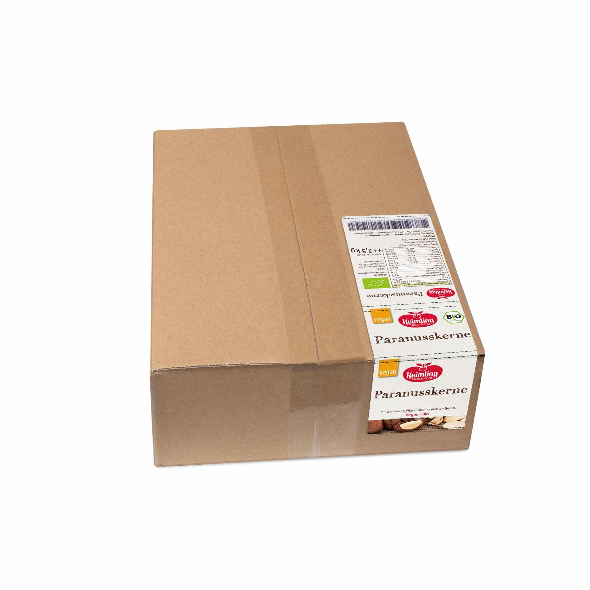 Brauner Karton mit einem weißen Etikett. Das Etikett zeigt den Schriftzug Paranusskerne, das Logo Keimling Naturkost, die Hinweise vegan und Bio sowie eine Nährwerttabelle.