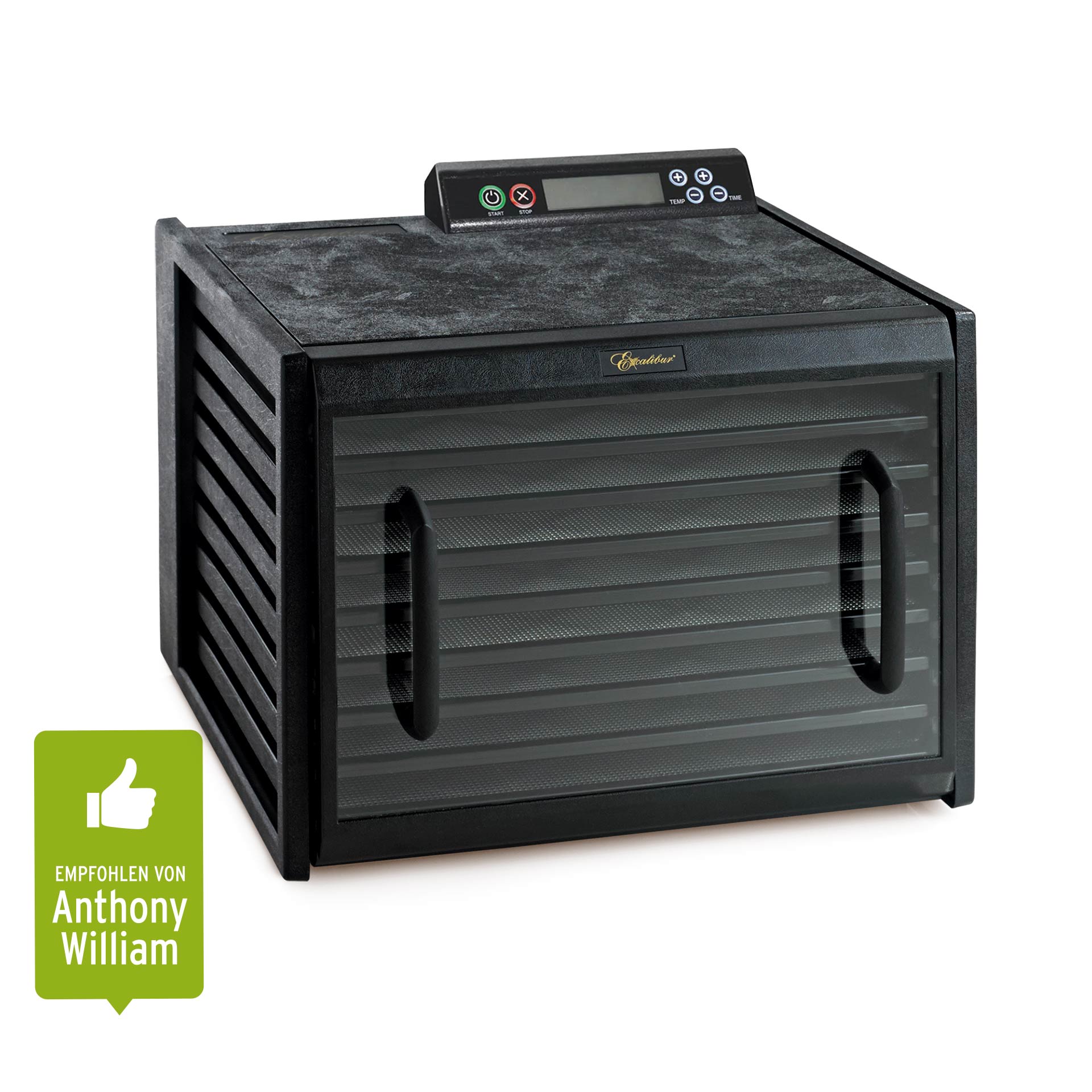 Schwarzer Excalibur Dörrapparat mit neun Einschüben und digitalem Bedienfeld oben mit Start- und Stopptasten sowie Temperatur- und Zeiteinstellungen.