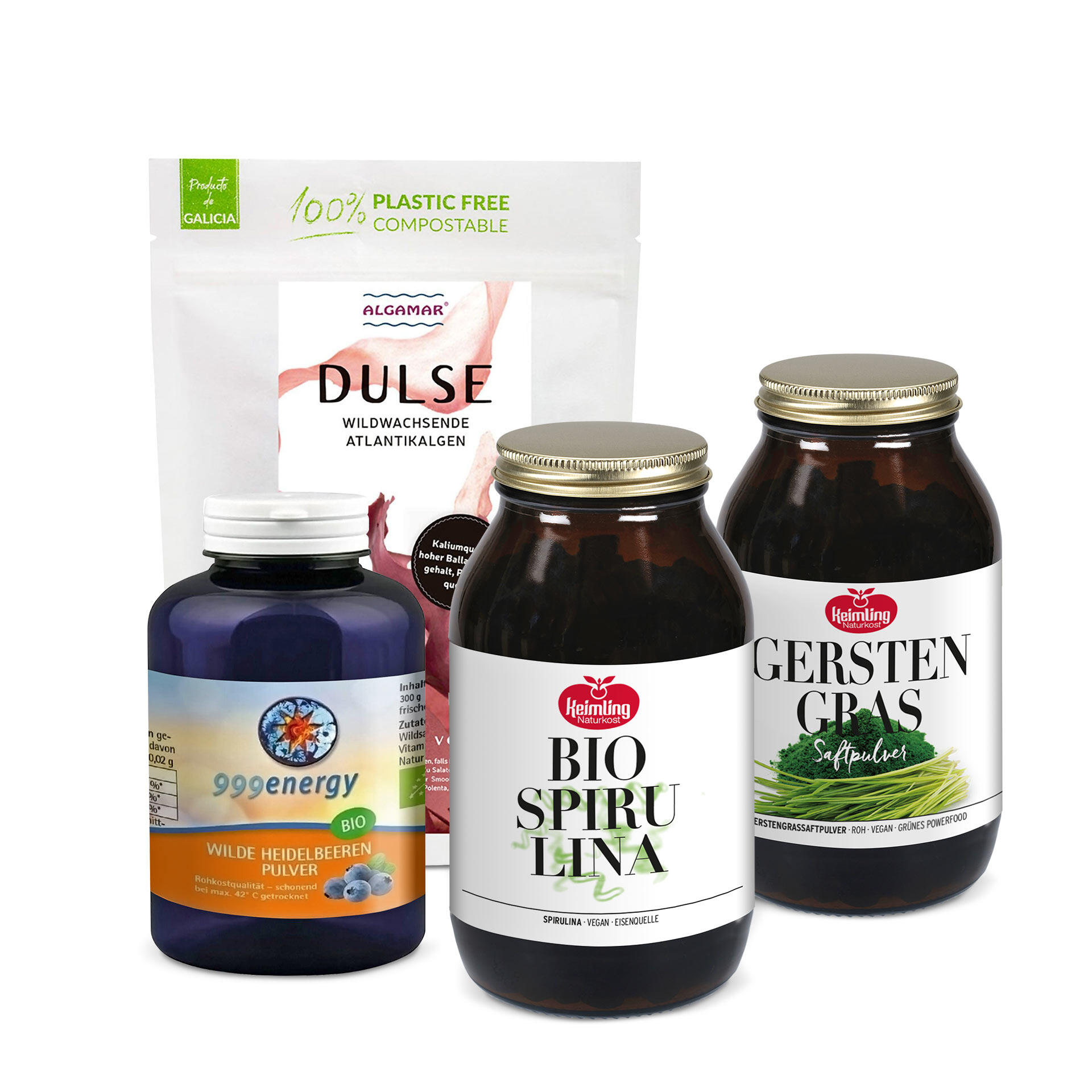 Vier Nahrungsergänzungsmittel: 999energy Bio Wilde Heidelbeeren Pulver, Algamar Dulse Wildwachsende Atlantikalgen, Keimling Bio Spirulina und Keimling Gerstengras Saftpulver.