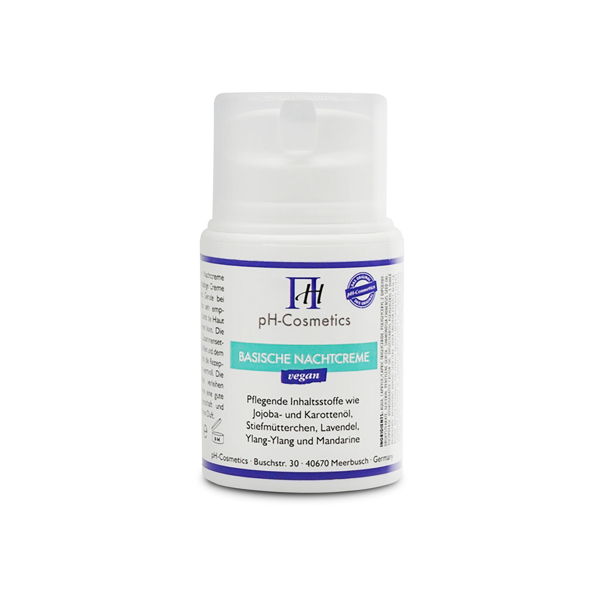 pH Cosmetics basische Nachtcreme 50 ml pH-Cosmetics Basische Nachtcreme vegan mit pflegenden Inhaltsstoffen wie Jojoba- und Karottenöl, Stiefmütterchen, Lavendel, Ylang-Ylang und Mandarine in weißem Behälter.