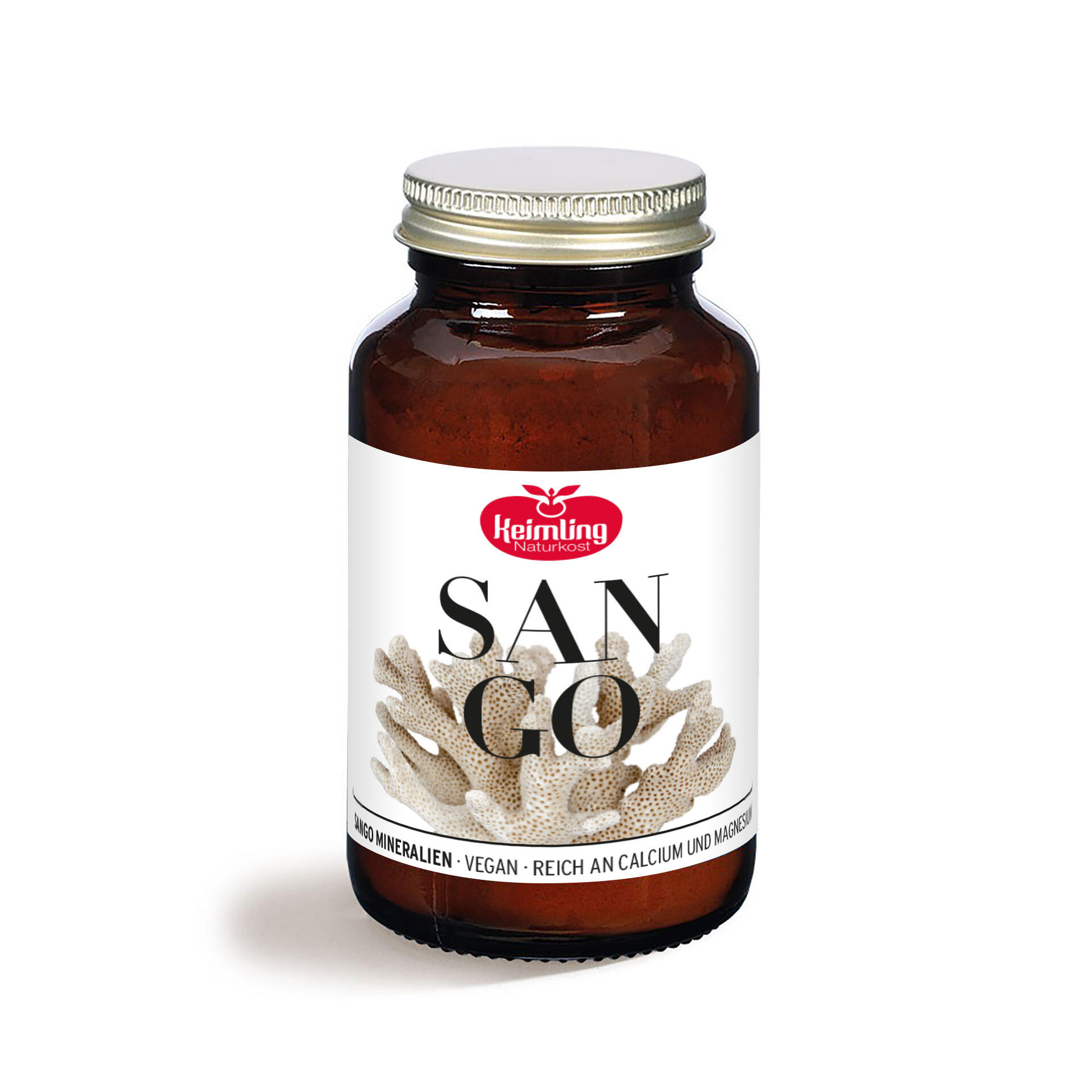Braune Glasflasche mit silbernem Schraubverschluss und weißem Etikett. Auf dem Etikett steht Keimling Naturkost, SANGO und SANGO MINERALIEN · VEGAN · REICH AN CALCIUM UND MAGNESIUM.