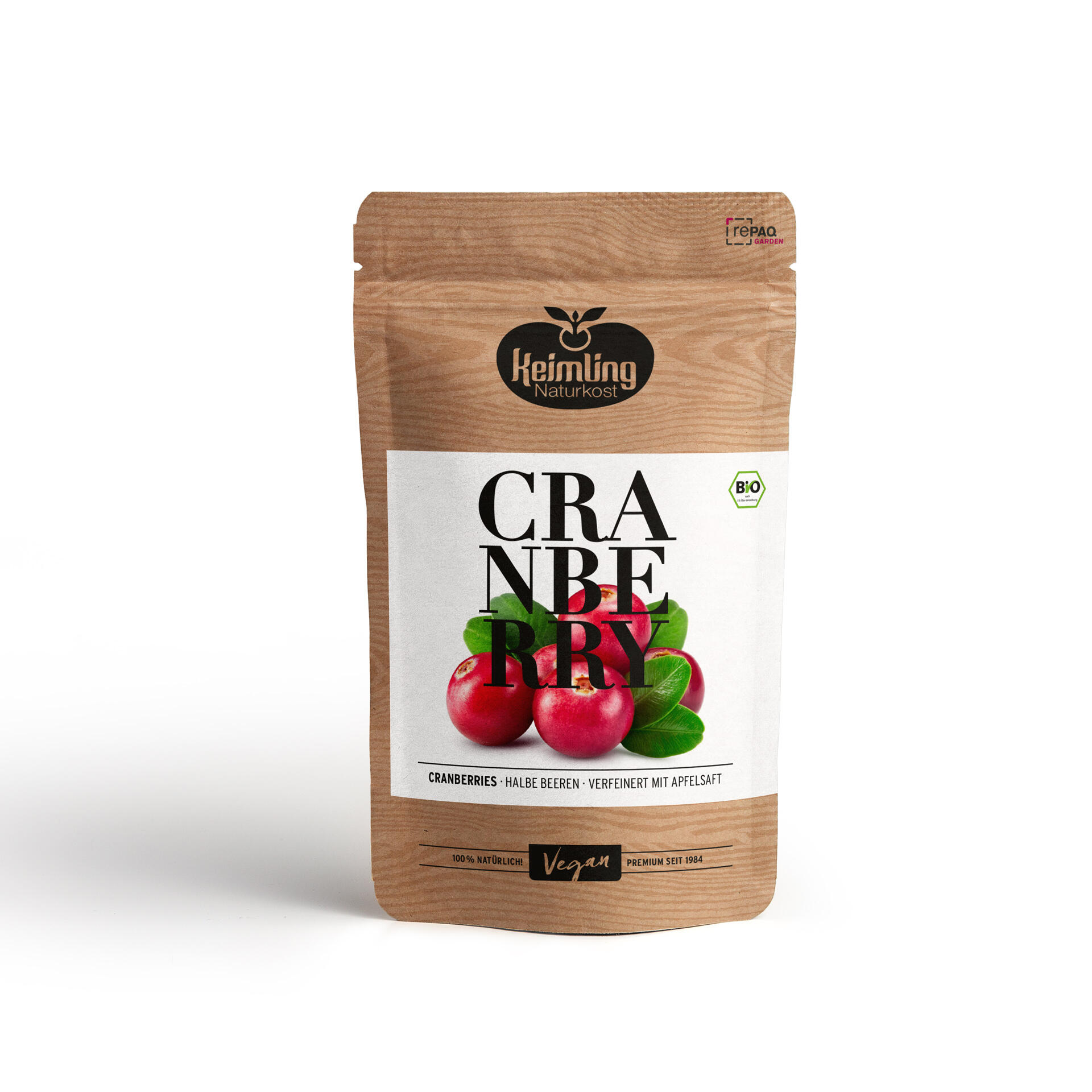 Braune Verpackung mit dem Schriftzug CRANBERRY und einem Bild von roten Cranberries mit grünen Blättern. Aufdruck Kejmling Naturkost, Vegan, 100 % natürlich und Premium seit 1984.